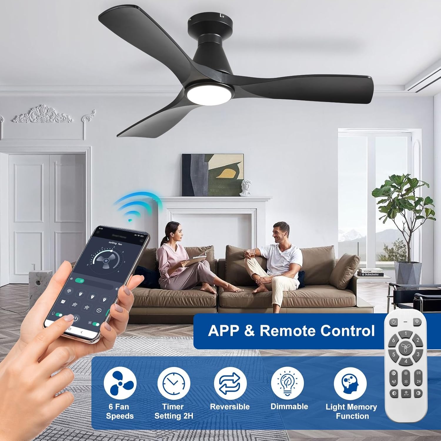 Depuley 42-Inch Ceiling Fans with Lights: Black 3 Blade Flush Mount Low Profile Ceiling Fan for Bedroom - Dimmable Indoor Outdoor Fan with Remote APP Control Ultra Quiet DC Motor Timer - Image 3