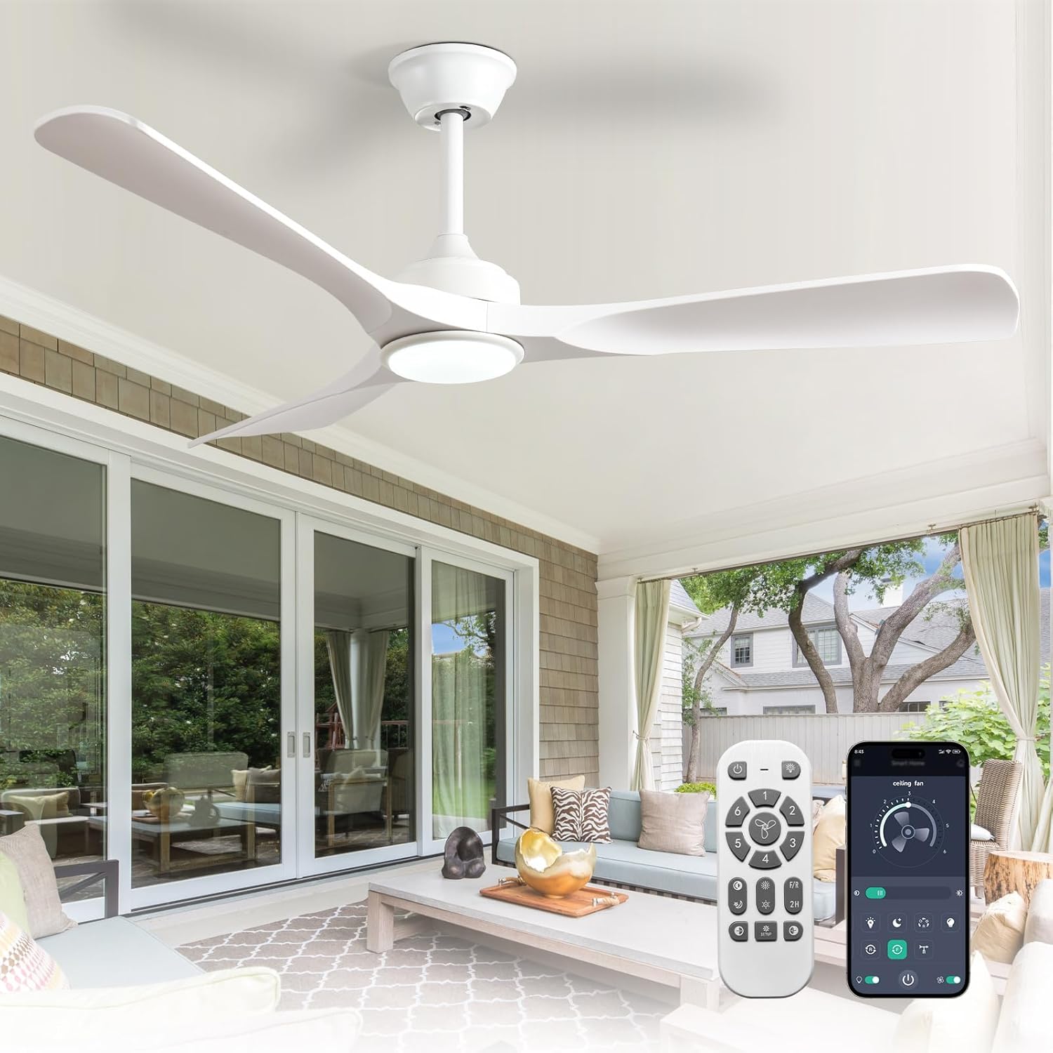 52-Inch Ceiling Fan with Light: White 3 Blade Outdoor Fans for Patios - Dimmable Indoor Fan with Remote APP Control Ultra Quiet DC Motor Reversible 6 Speed Timer