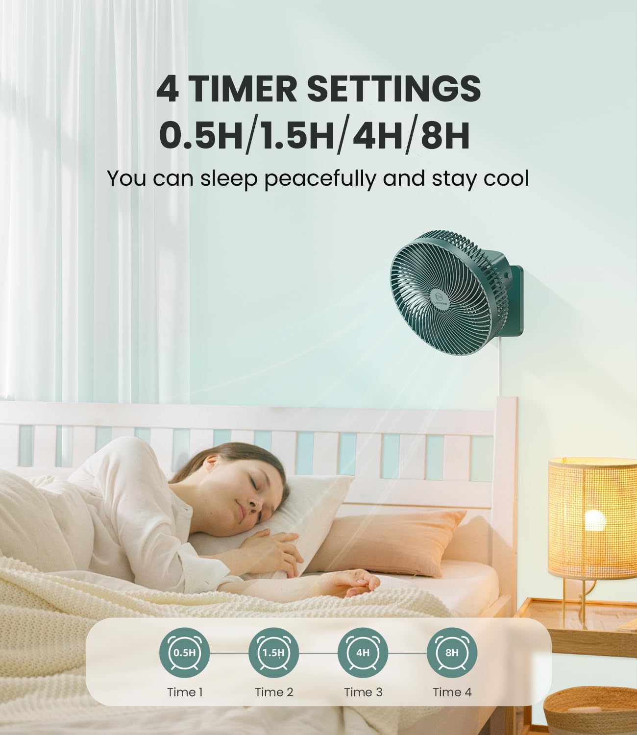 LEMOISTAR 10 Inch Oscillating Wall Mounted Fan with Remote Control, High Velocity 4 Speeds Timer, Adjustable Tilt,Ultra Quiet,for RV Bedroom Garage Office-Green - Image 6