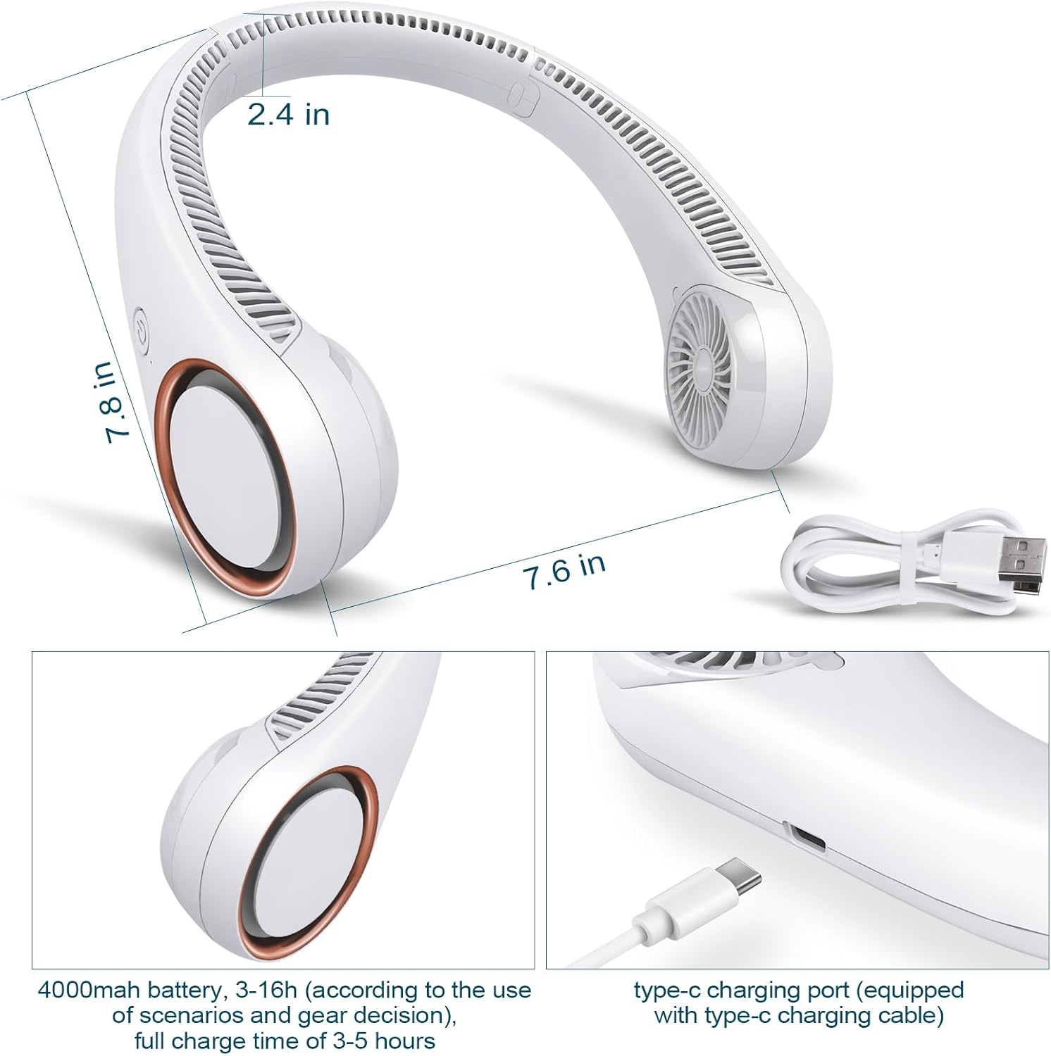 CIVPOWER Neck Fan: Portable Personal Neck Cooling Rechargeable Bladeless Fan - Hands Free 3 Speed 4000 mAh Battery USB Operated Wearable Headphone Design - for Men Women Outdoor Indoor (White) - Image 8