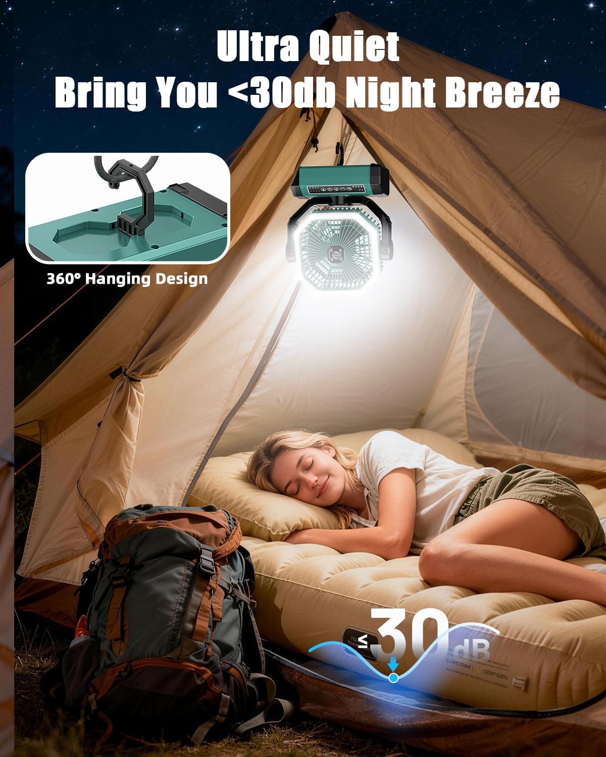 Portable Rechargeable Fan - 9-Inch Camping Fan for Tent, 24000mAh(60Hrs) Battery Operated Fan for Camping, Auto Oscillation Cordless Fans, Tent Fan with Remote/Light, 4 Speeds, 4 Timing, Outdoor - Image 5