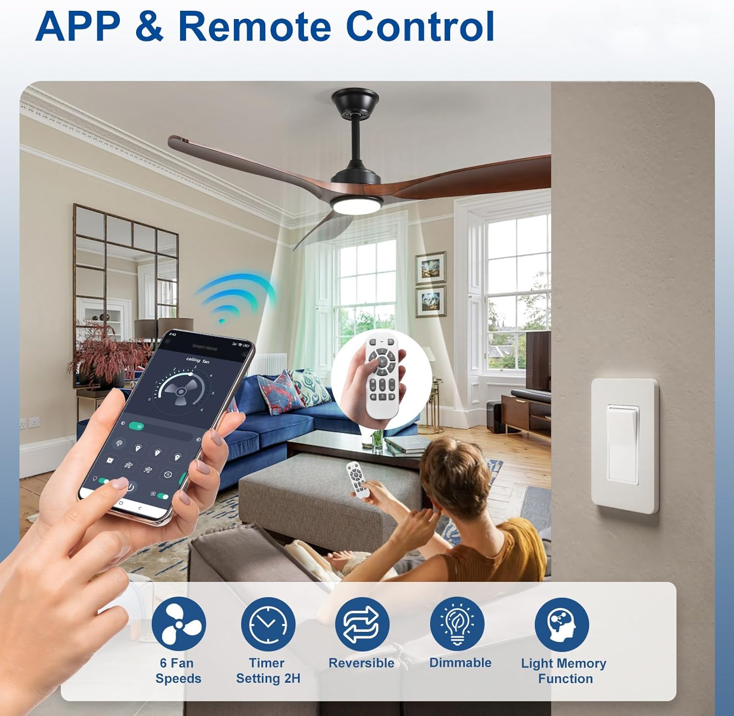 52-Inch Ceiling Fan with Light: Walnut 3 Blade Outdoor Fans for Patios - Dimmable Indoor Fan with Remote APP Control Ultra Quiet DC Motor Reversible 6 Speed Timer - Image 5