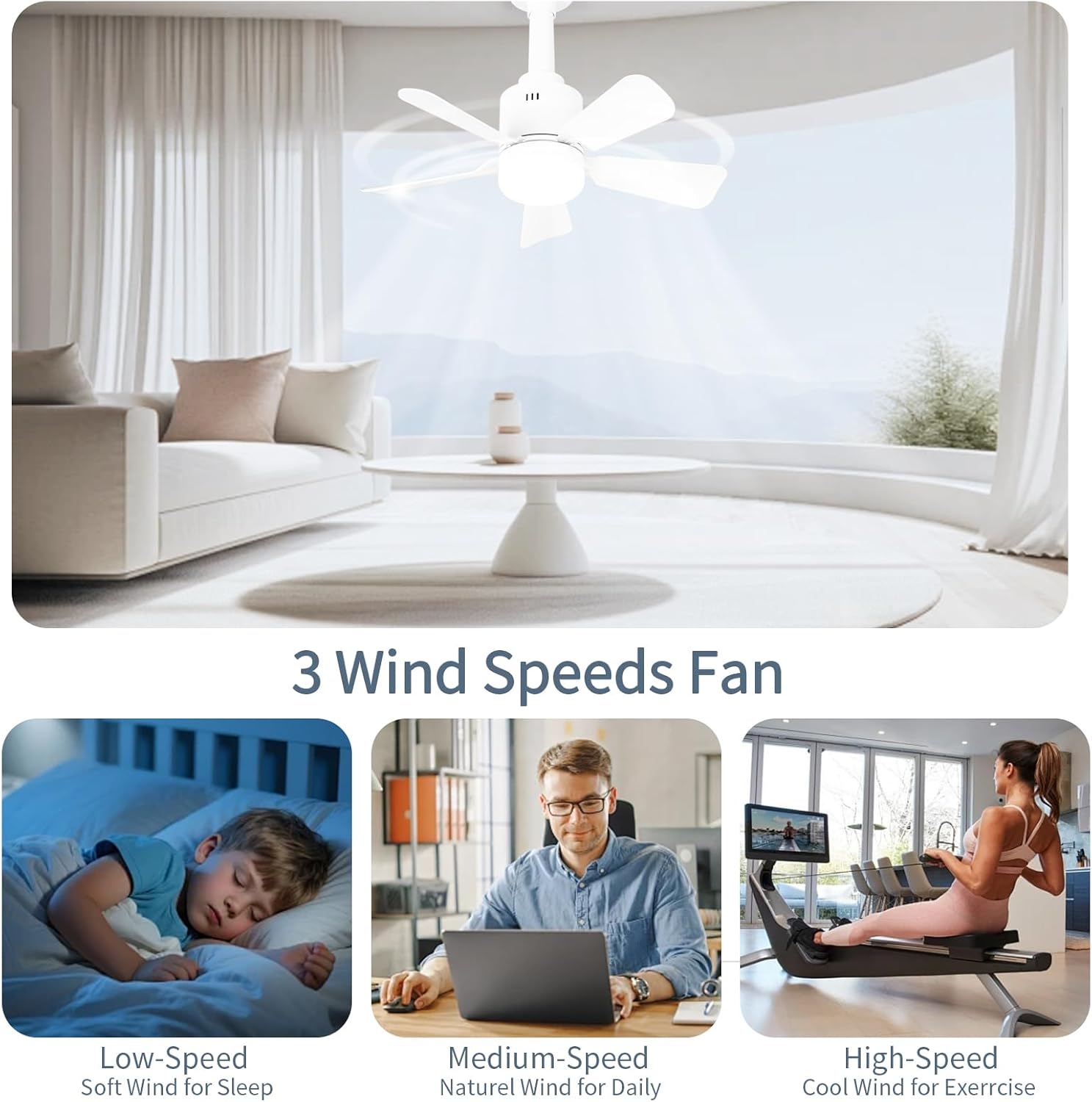 2 Pack of Ceiling Fan with Light Socket,17.7-Inch Light Fan,3-Color LED Ceiling Fan with Light and Remote Control,E26/27 Base and Socket Extender,Bedroom/Living Room/Kitchen/Garage,White - Image 3