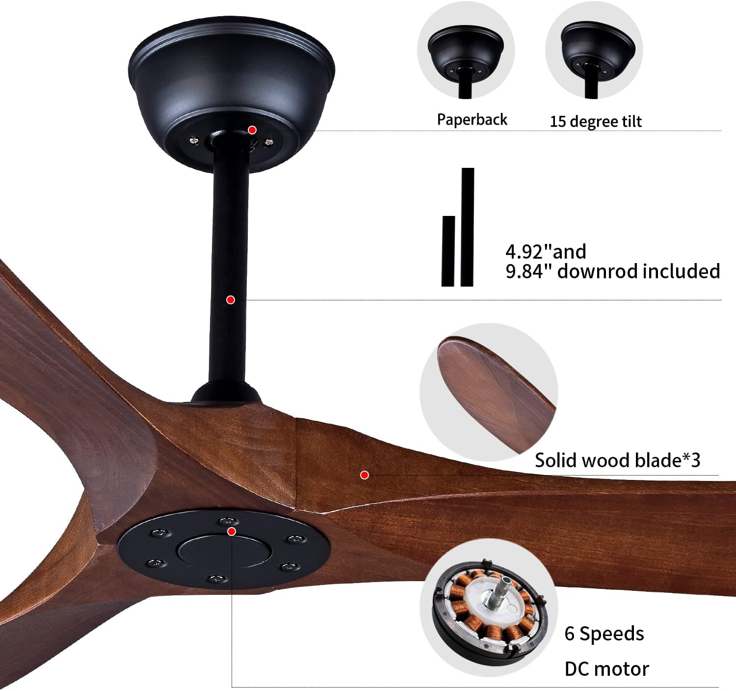 Bigzone 52" Outdoor/Indoor Ceiling Fans Without Lights, Energy Efficient DC Motor, 3 Balsa Wood Blades Ceiling Fan, Wood Ceiling Fan With Remote Control - Image 5