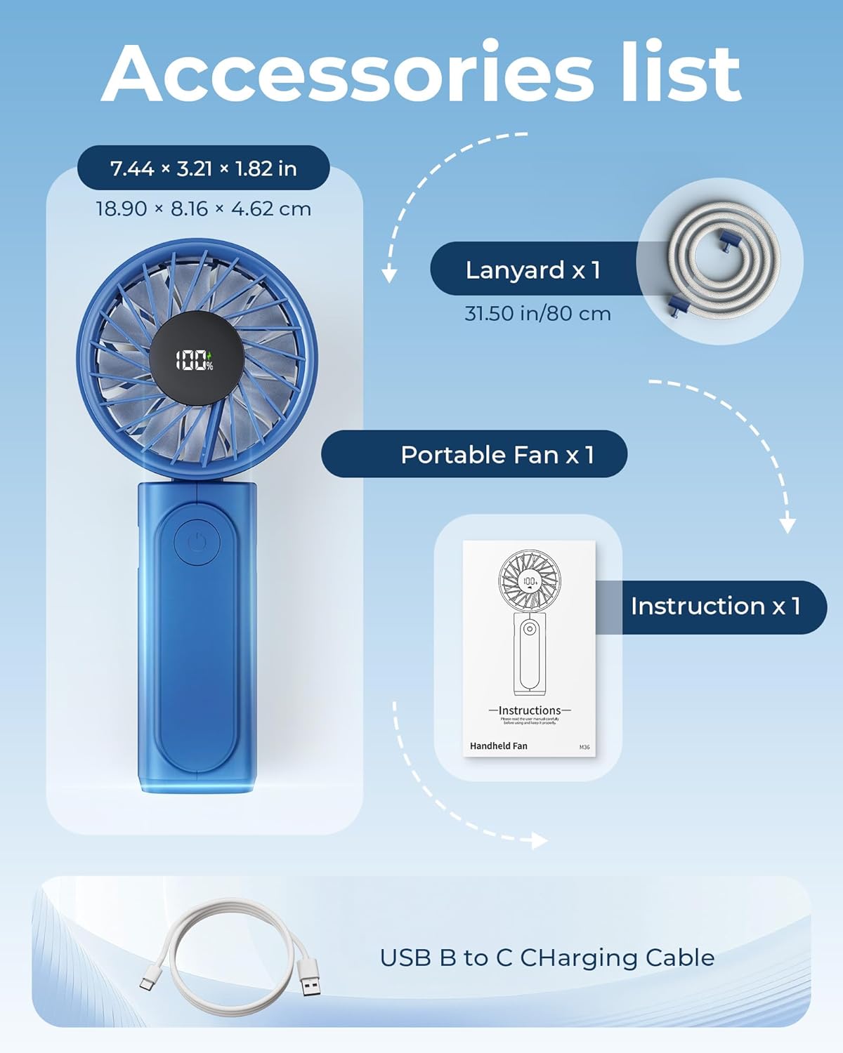 Handheld Portable Fan, 4000mAh, Rechargeable Personal Fan, 180° Foldable Mini Desk Fan with 6 Wind Speed, LCD Digital Display, Lanyard as Neck Fan, Ultra Quiet, Pocket Size, Blue - Image 8