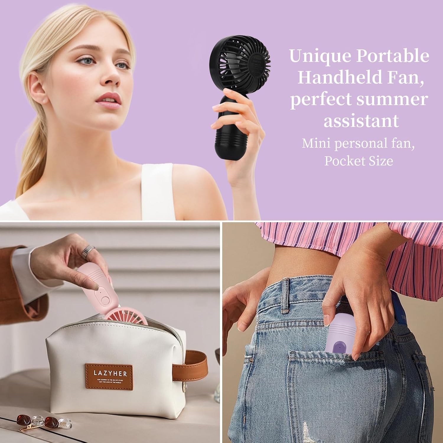 Mini Portable Fan - Handheld Fan, 3 Pack USB Rechargeable Personal Fan, Battery Operated Lightweight Small Makeup/Pocket Fan with 3 Speeds For Stylish Girl Boys Women Men Office Outdoor Travel - Image 5