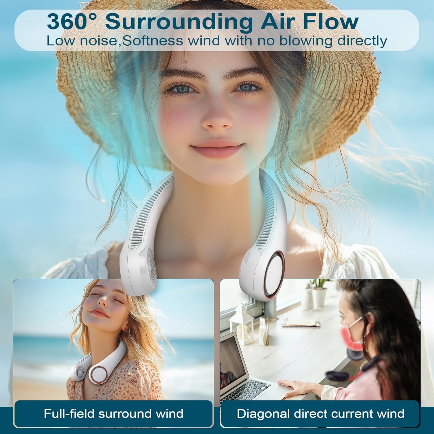 CIVPOWER Neck Fan: Portable Personal Neck Cooling Rechargeable Bladeless Fan - Hands Free 3 Speed 4000 mAh Battery USB Operated Wearable Headphone Design - for Men Women Outdoor Indoor (White) - Image 2