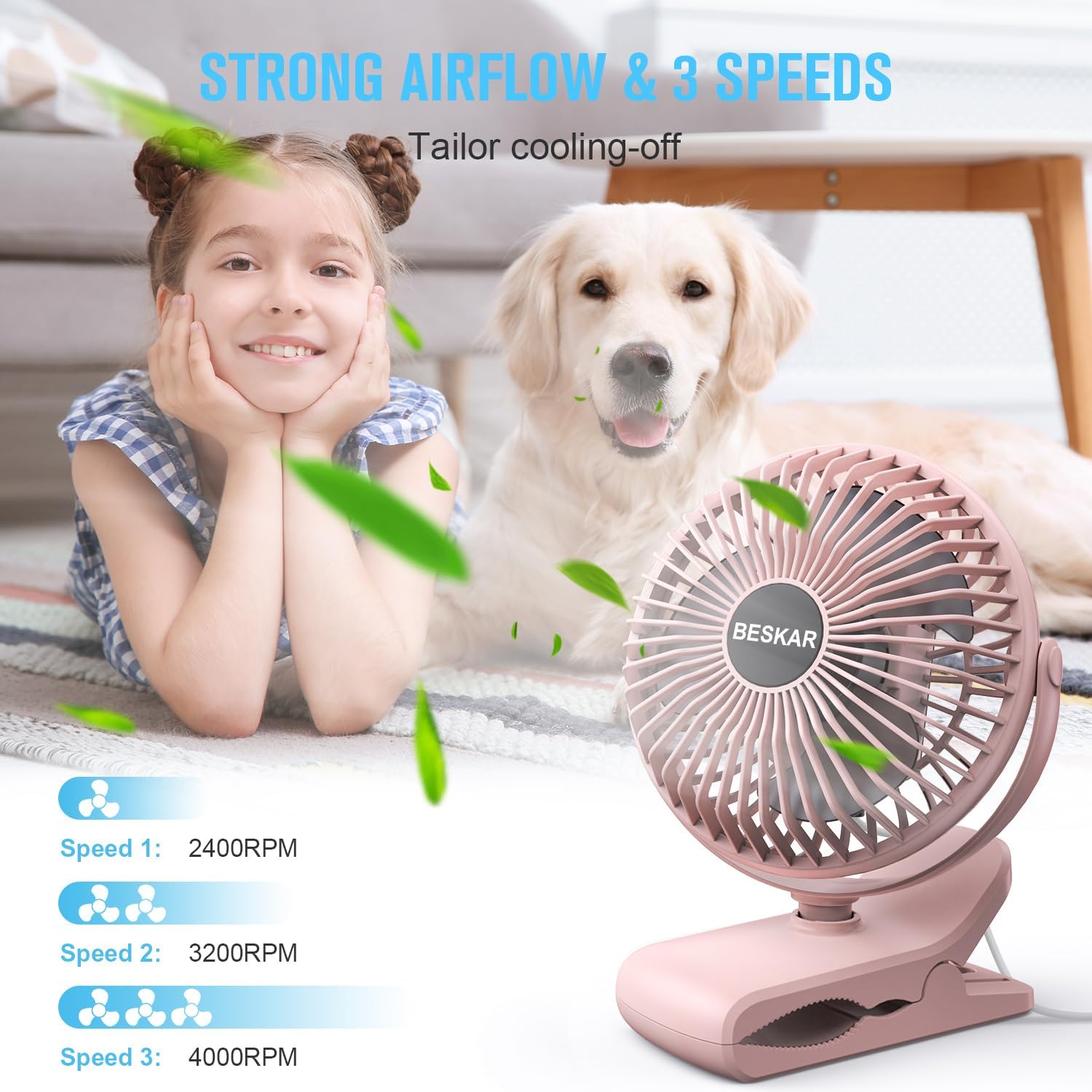 BESKAR USB Powered Clip on Fan, Portable Small Fan with Cord, 3 Speeds Strong Airflow, Personal Fan with Sturdy Clamp, Quiet Desk Fan & Clip Fan - Image 8