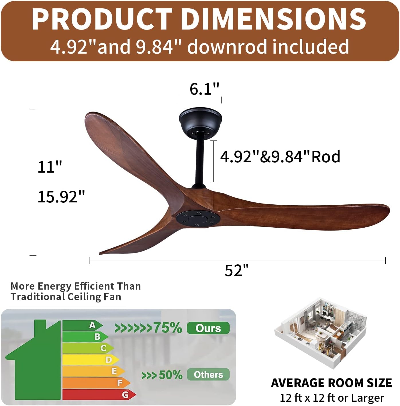 Bigzone 52" Outdoor/Indoor Ceiling Fans Without Lights, Energy Efficient DC Motor, 3 Balsa Wood Blades Ceiling Fan, Wood Ceiling Fan With Remote Control - Image 3