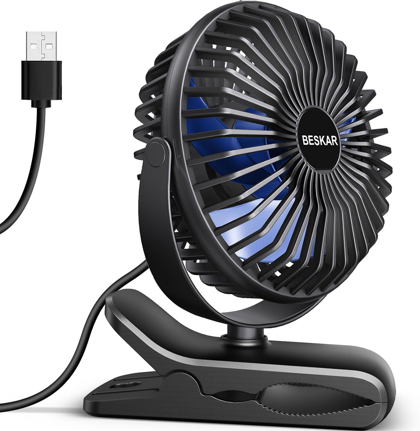 BESKAR USB Powered Clip on Fan, Portable Small Fan with Cord, 3 Speeds Strong Airflow, Personal Fan with Sturdy Clamp, Quiet Desk Fan & Clip Fan