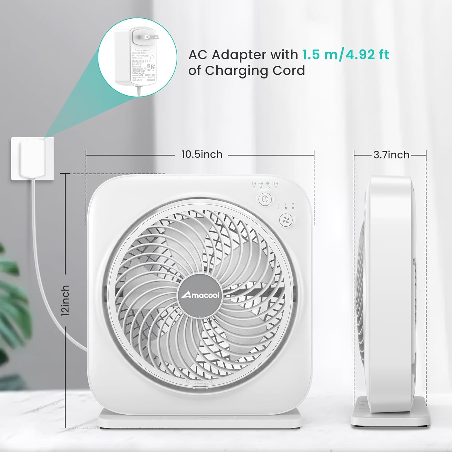 AMACOOL Table Fan, 12 inch Box Fan with 3 Adjustable Speeds & 8HRS Timer, 270° Pivoting Quiet Air Circulator, Desktop Fan for Bedroom Bathroom Kitchen Office, AC Adapter Included-White - Image 7