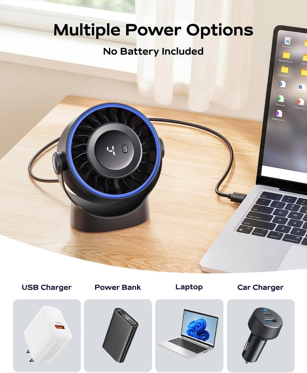 SWEETFULL USB Small Desk Fan - 5 Inch Mini Personal Desktop Fan, 4 Speeds Cooling Strong Airflow, 360° Adjustable Tilt, Quiet Portable Table Fans for Bedroom, Home, Office, Travel & Cruise, Black - Image 7