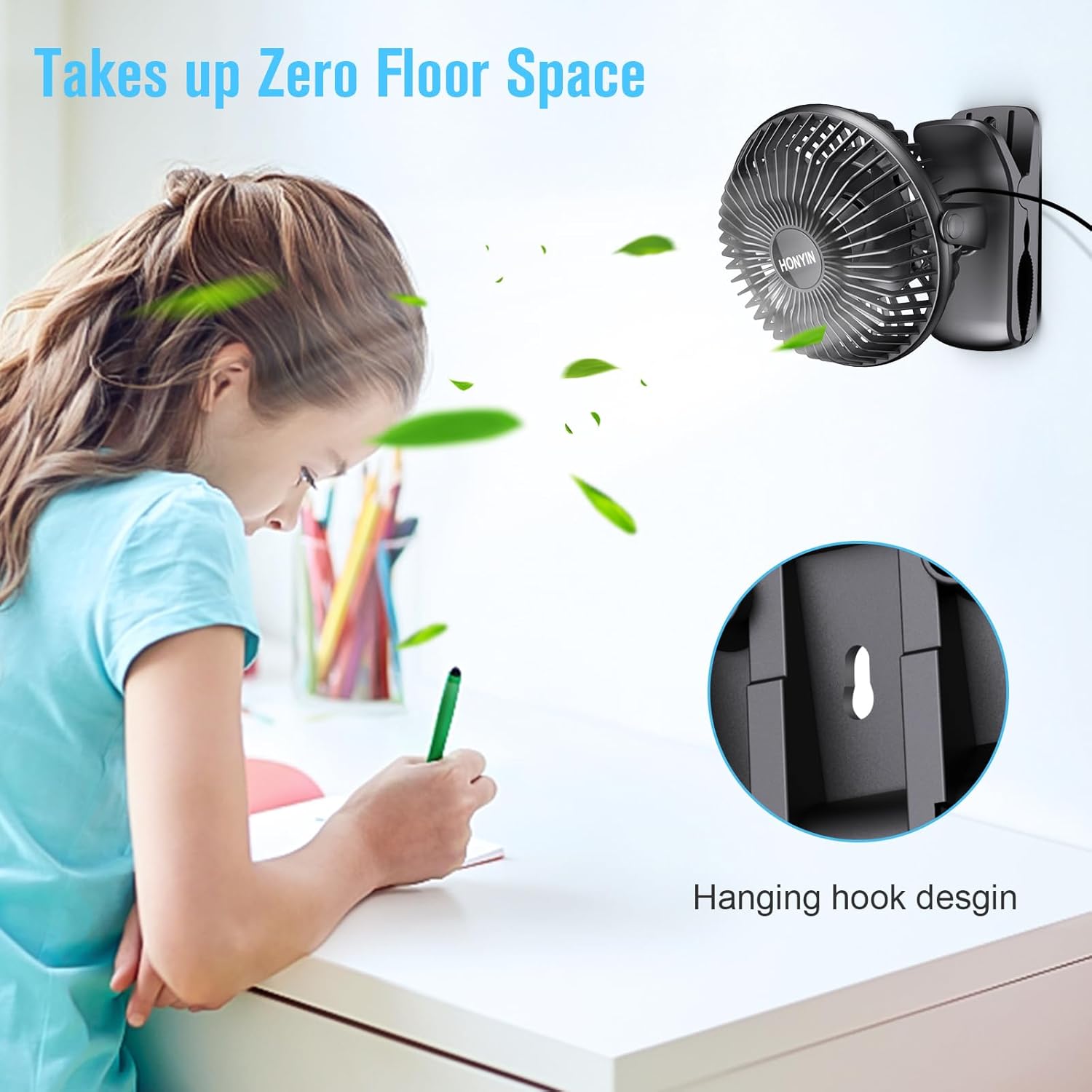 HONYIN Clip on Fan, 720° Rotation Small Desk & Clip Fan, Personal Cooling Fan with Sturdy Clamp, 3 Speeds, Quiet Little Fan by USB Plug In, for Bedroom Office Desktop Treadmill - Image 4