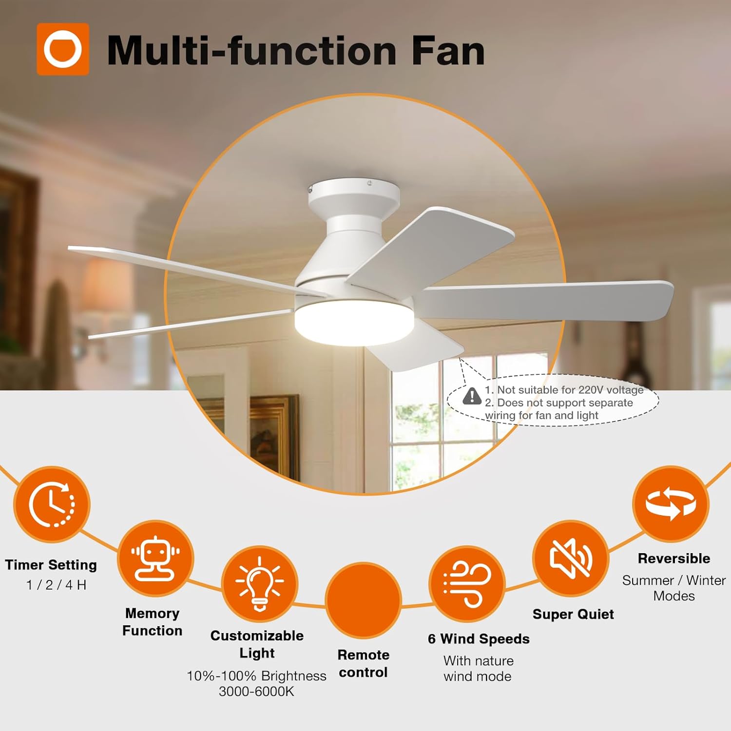 addlon Ceiling Fans with Lights, 42 Inch Low Profile Ceiling Fan with Light And Remote Control, Flush Mount, Reversible, 3CCT, Dimmable, Quiet, White Small Ceiling Fan for Bedroom Indoor/Outdoor Use - Image 2