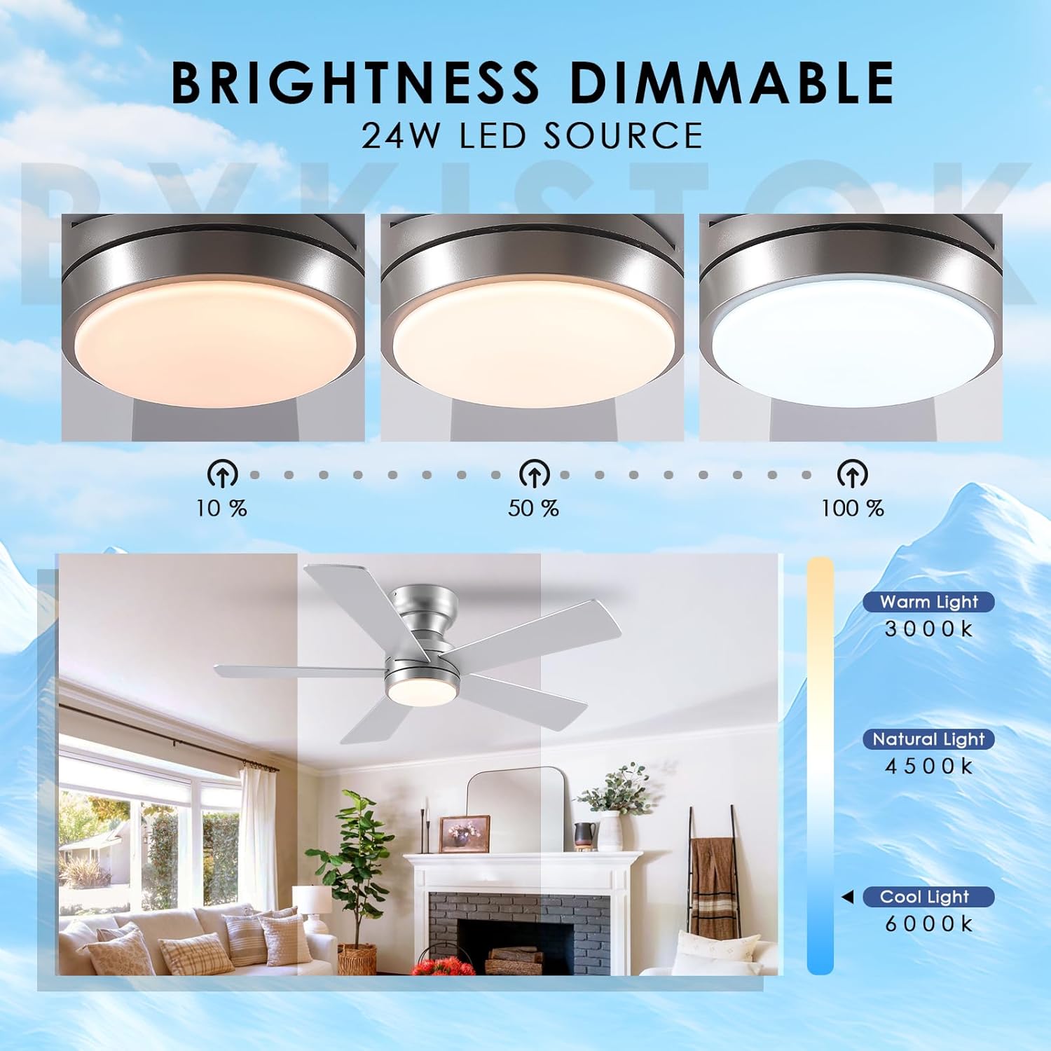 46" Ceiling Fan with Lights Low Profile, Flush Mount Ceiling Light with Remote and 5 Blades, Mute Reversible Motor, 6 Speeds and 3CCT Dimming, Modern Fan Light for Indoor Bedroom, Silver - Image 6