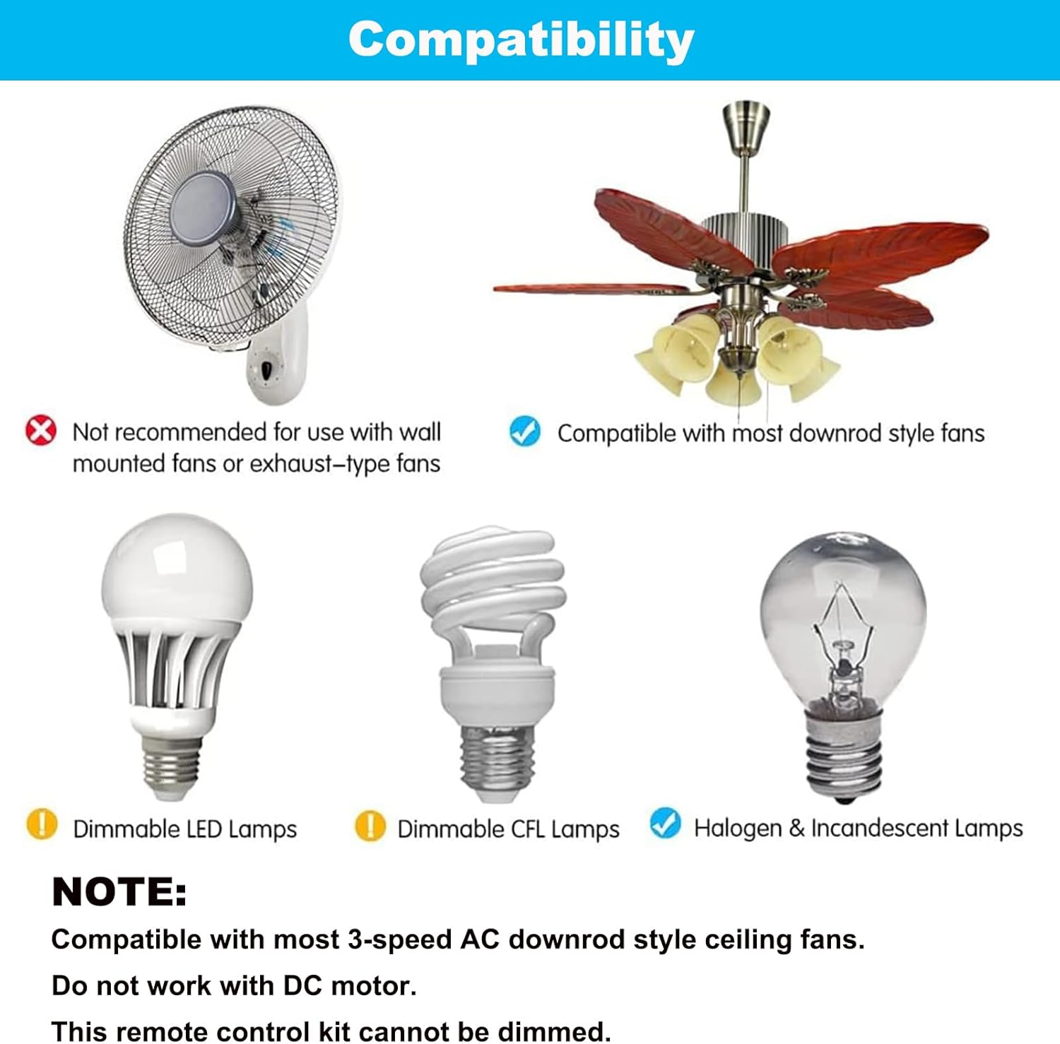 Universal Ceiling Fan Remote Control Kit, Replacement for Hunter, Hampton Bay, Litex, 3-Speeds, with Receiver FAN37R, Replace FAN-53T 2AAZPFAN-53T FAN-11T KUJCE9103 UC7030T - Image 3
