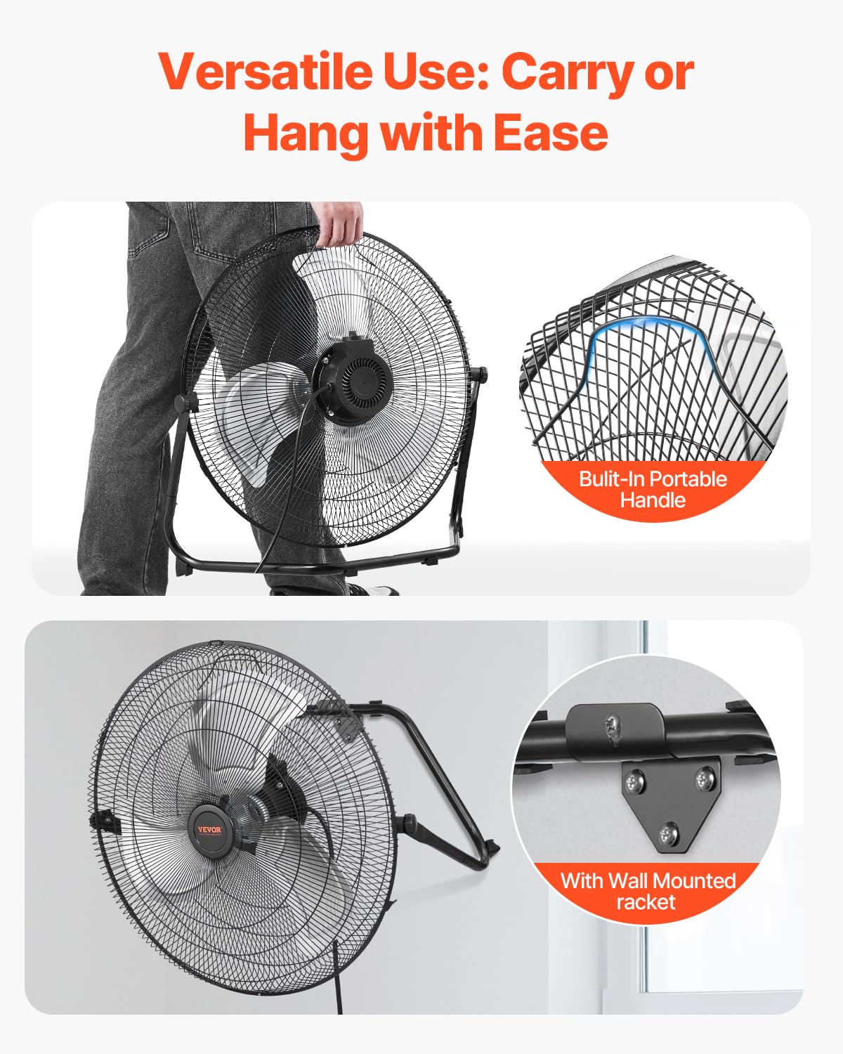 VEVOR Floor Fan, 3 Speeds High Velocity Heavy Duty 20 Inch Industrial Fan, 4800 CFM 360° Adjustable Tilt 21.33 ft/sec Airflow Large Metal Fan, for Home, Gym, Office, Garage, Commercial Shop & Bedroom - Image 7