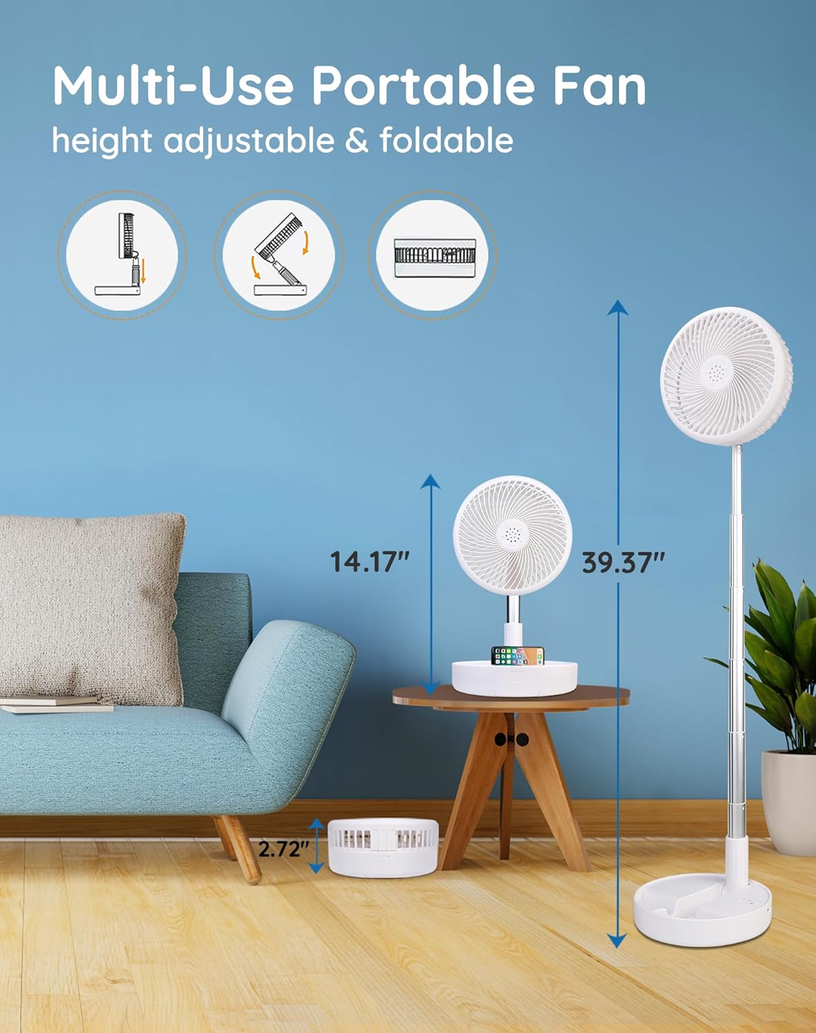 Primevolve Portable Battery Operated Standing Fan, Rechargeable USB Personal Floor Fan with Remote, Adjustable Height, White 7.7" Non-Oscillating - Image 2