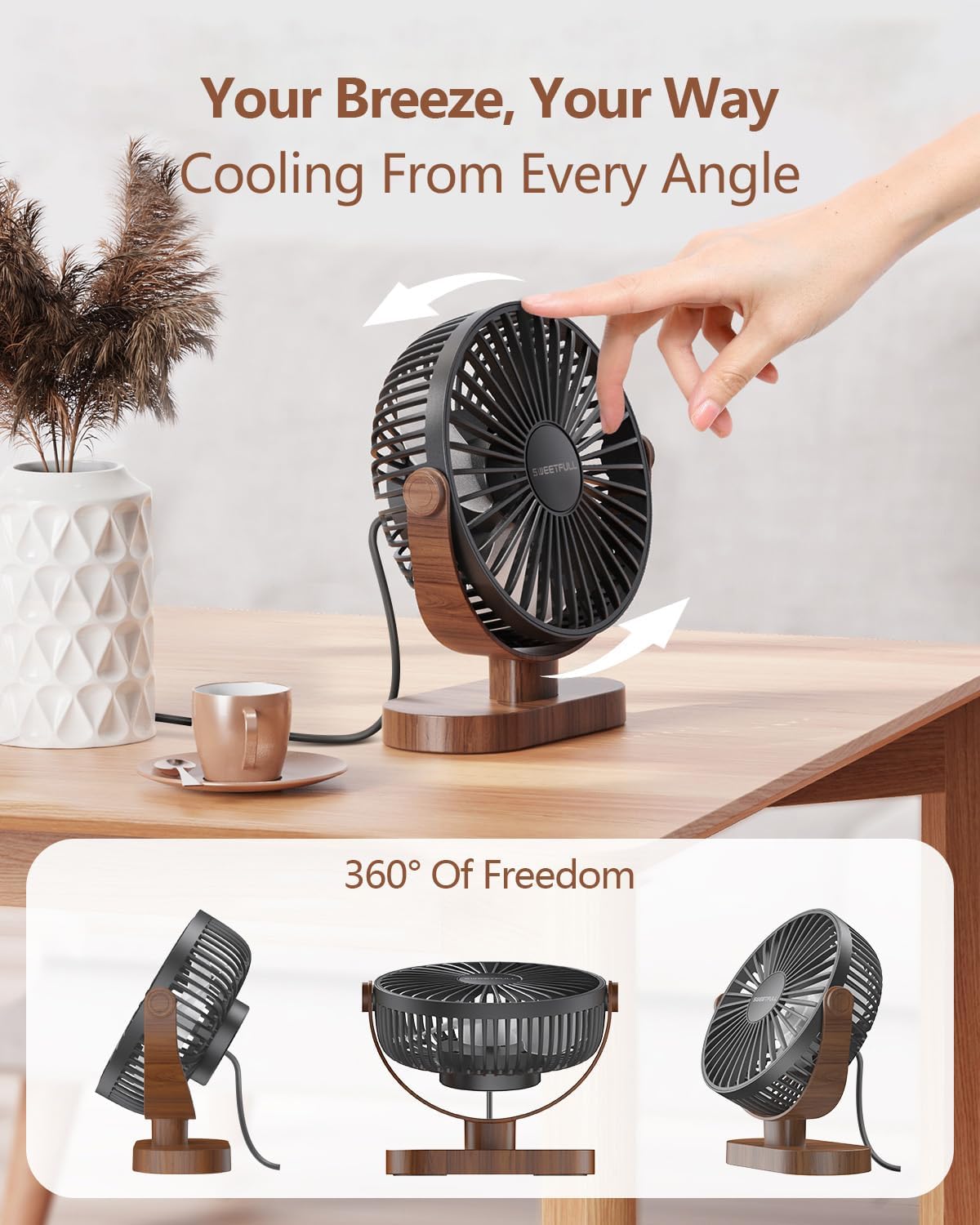 SWEETFULL 6.5 Inch USB Small Desk Fan, 3 Speeds Quiet Portable Desktop Table Fan, 360° Adjustment Personal Mini Fan for Home Office Car Outdoor Travel (Black wood grain) - Image 5