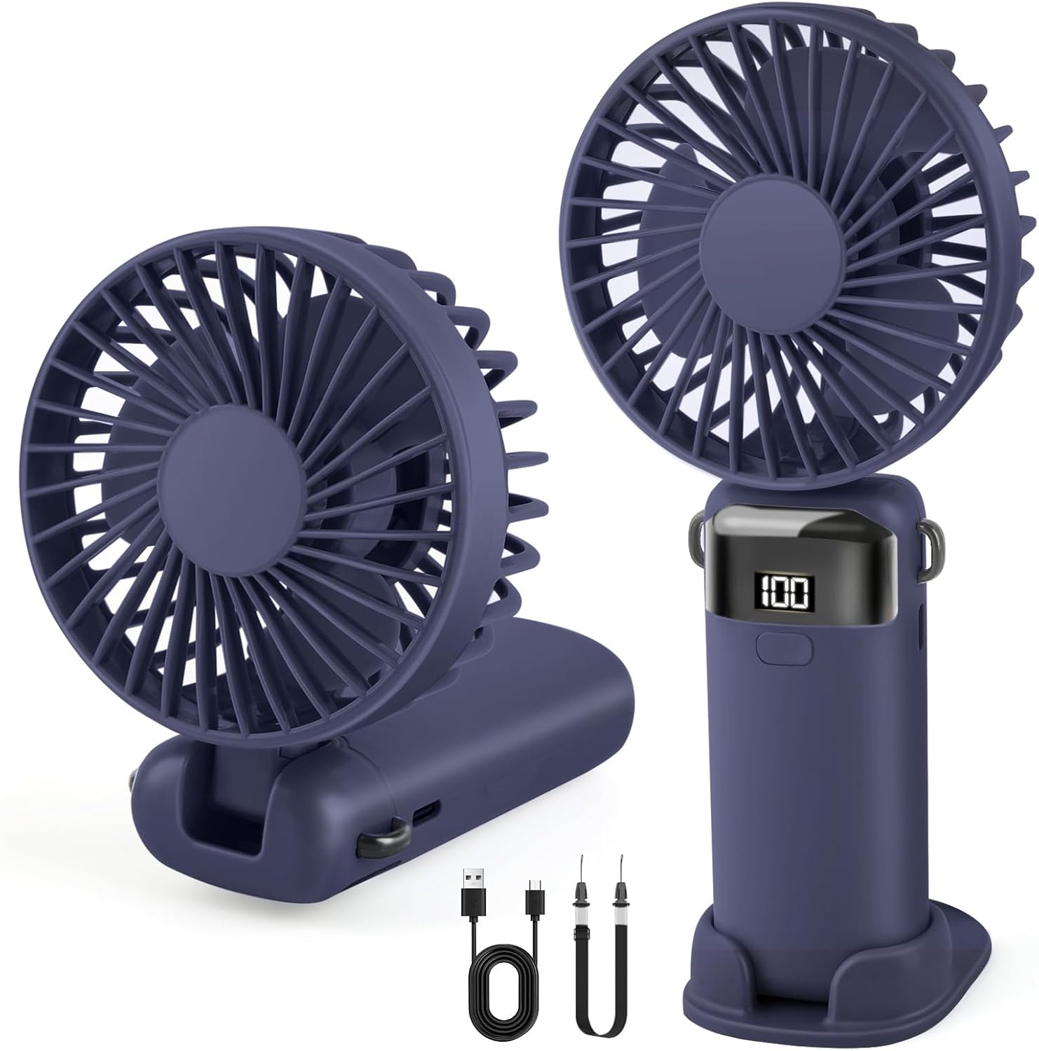Portable Handheld Fan Rechargeable Small Fan 5 Speeds with Lanyard and Base USB Desk Fan Foldable Quiet Personal Fan with LED Display for Office, Home, Travel, Outdoor