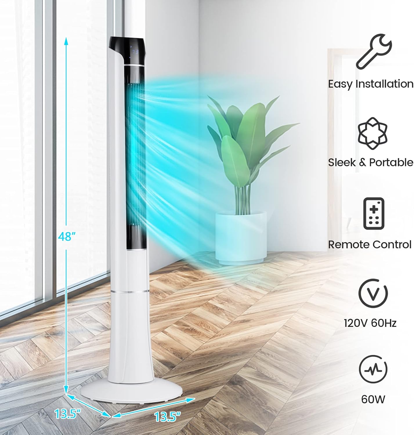 Tangkula 48-Inch Tower Fan with Remote Control, Quiet Bladeless Tower Fan w/ 3 Speeds, 3 Modes, 1-15H Timer & LED Display, 80° Oscillating Floor Standing Fan, Portable Circulating Fan for Home Office - Image 5