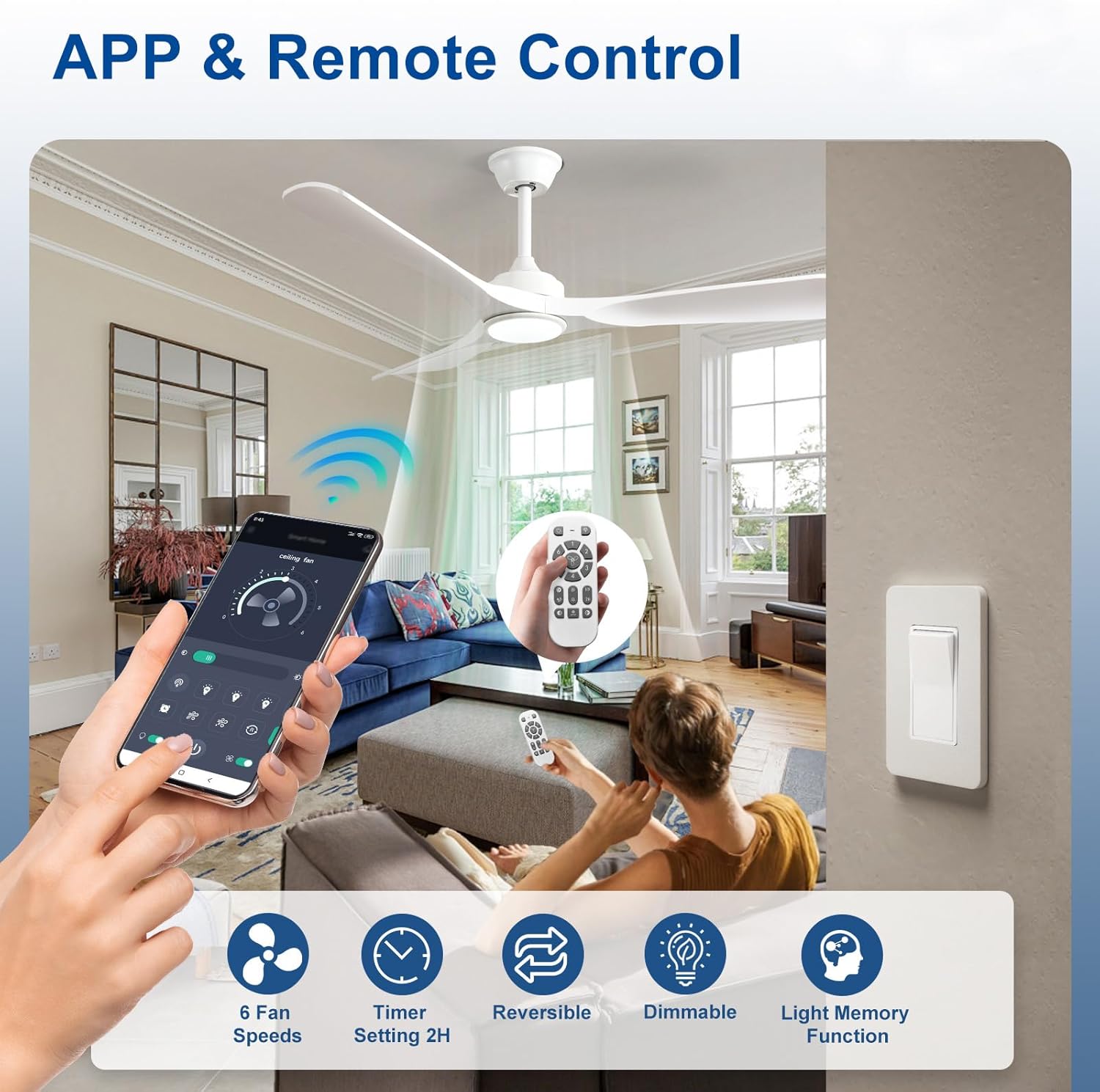 52-Inch Ceiling Fan with Light: White 3 Blade Outdoor Fans for Patios - Dimmable Indoor Fan with Remote APP Control Ultra Quiet DC Motor Reversible 6 Speed Timer - Image 4