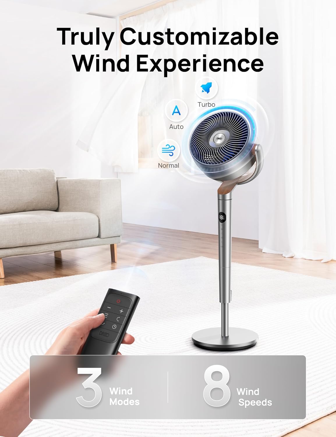 DREO 23dB Silent Standing Fan, 120°+120°Omni-directional Oscillating Fan For Bedroom, 80 ft Circulator With Remote, DC Motor Quiet Pedestal Fans, Adjustable Height, 8 Speeds, 3 Modes, 8H Timer - Image 6