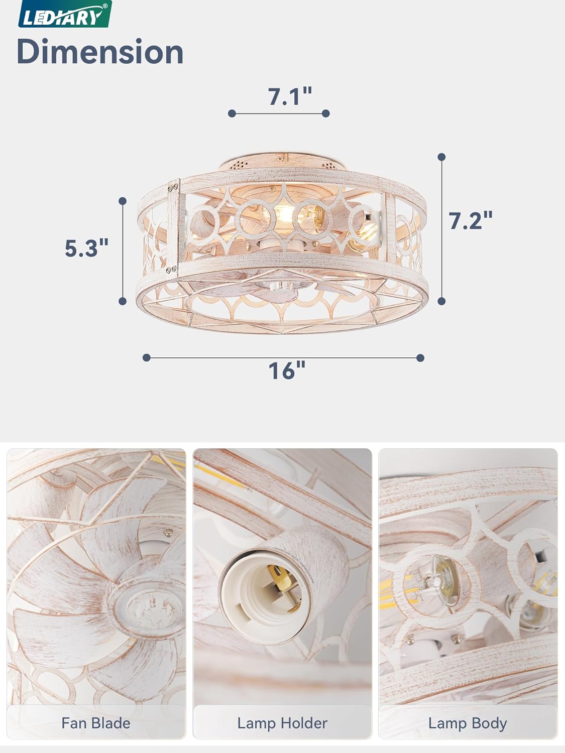 LEDIARY Caged Ceiling Fan with Light and Remote, 16in Small Low Profile Ceiling Fans with Lights, 6 Speed and Reversible Farmhouse Flush Mount Ceiling Fan for Bedroom, Kitchen, Living room - Image 6