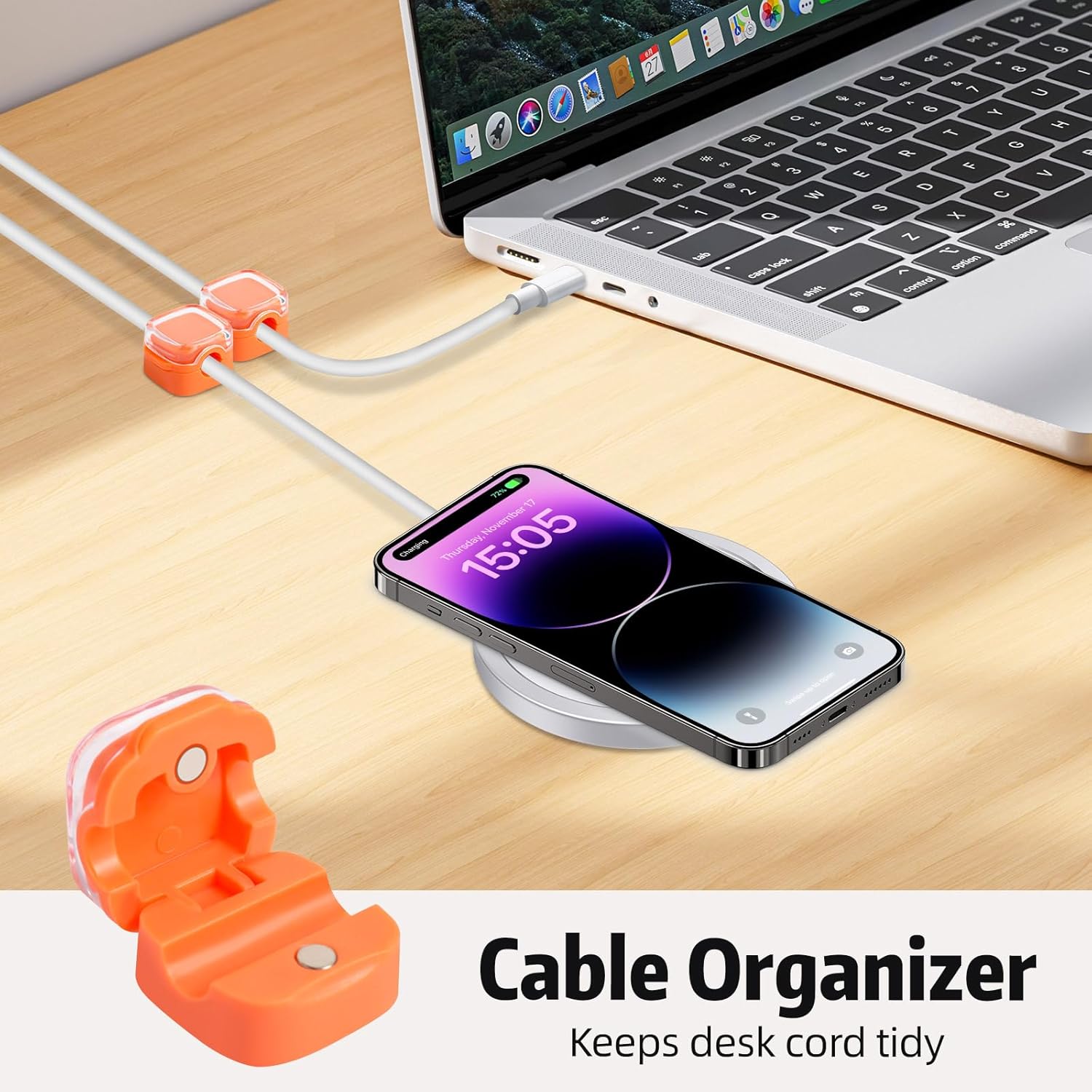 Magnetic Cable Clips Cord Organizer Holder, 6 Pack Adhesive Wire Holder Keeper Organizer USB Charging Cable Storage Holder for Home Office Phone Car Wall Desktop Nightstand Kitchen (Orange) - Image 3