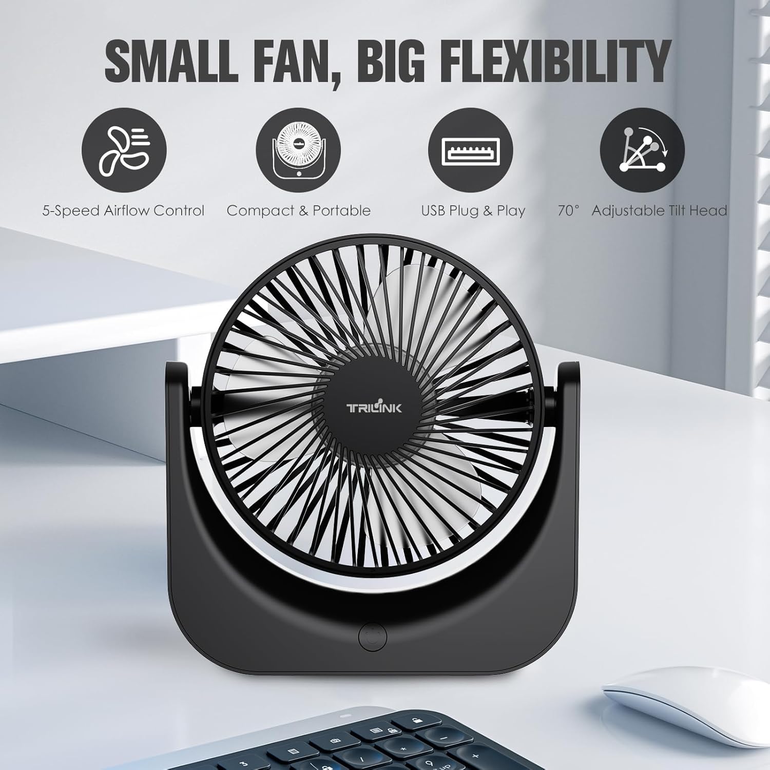 TRILINK Small USB Desk Fan – 5-Speed Mini Table Fan with Adjustable Tilt, Ultra Quiet, USB Powered, Portable Cooling Fan for Home, Desktop, Bedroom, Bed, Office, Travel, and Camping (Black) - Image 2