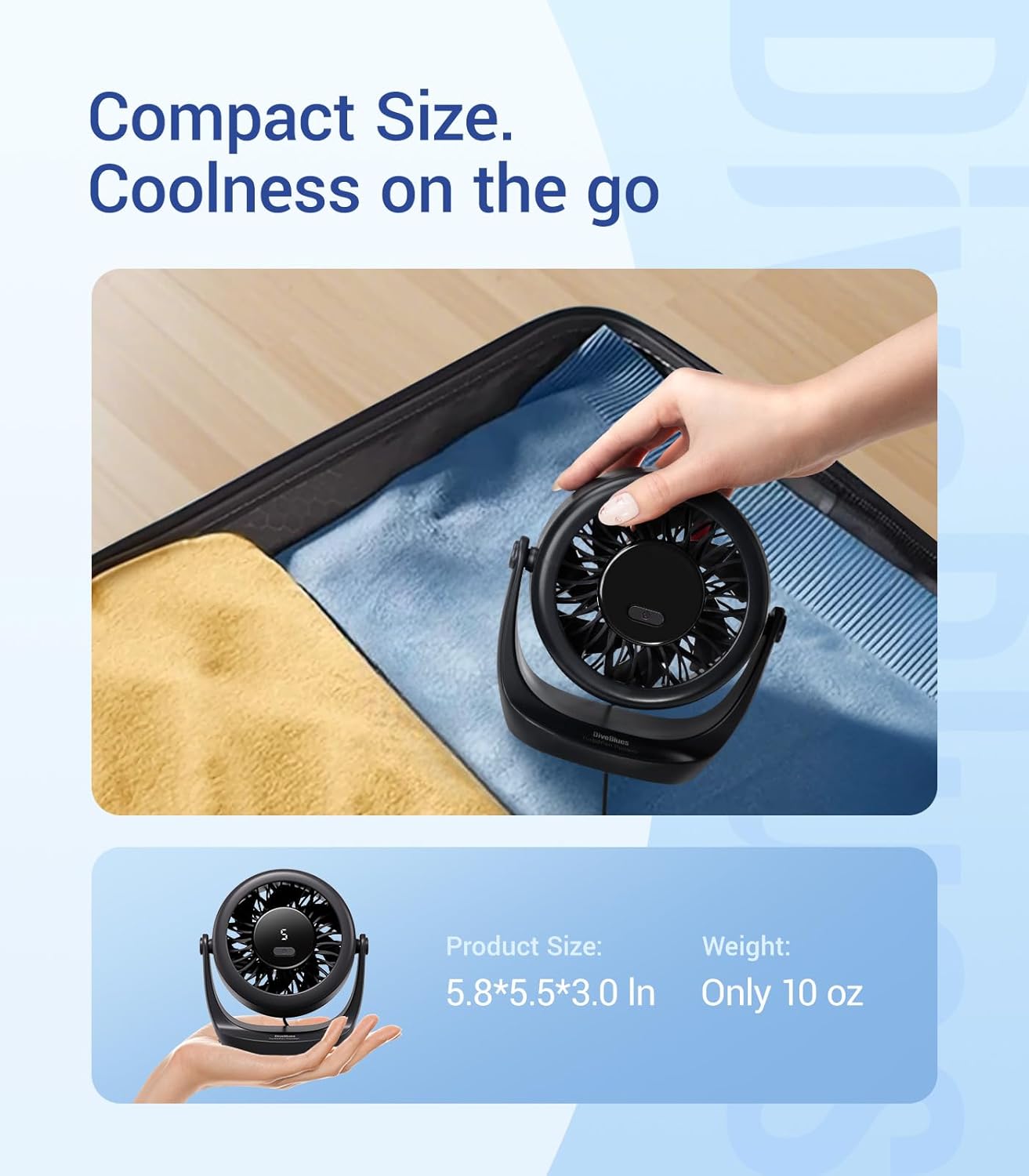 Diveblues USB Desk Turbo Fan, Ultra-Quiet Mini Desk Fan, Powerful Wind, LED Display, 5 Speed, 360° Rotating Small Portable Fan for Home, Office and Outdoor Cool Tech Gadgets - TurboBreeze - Image 7