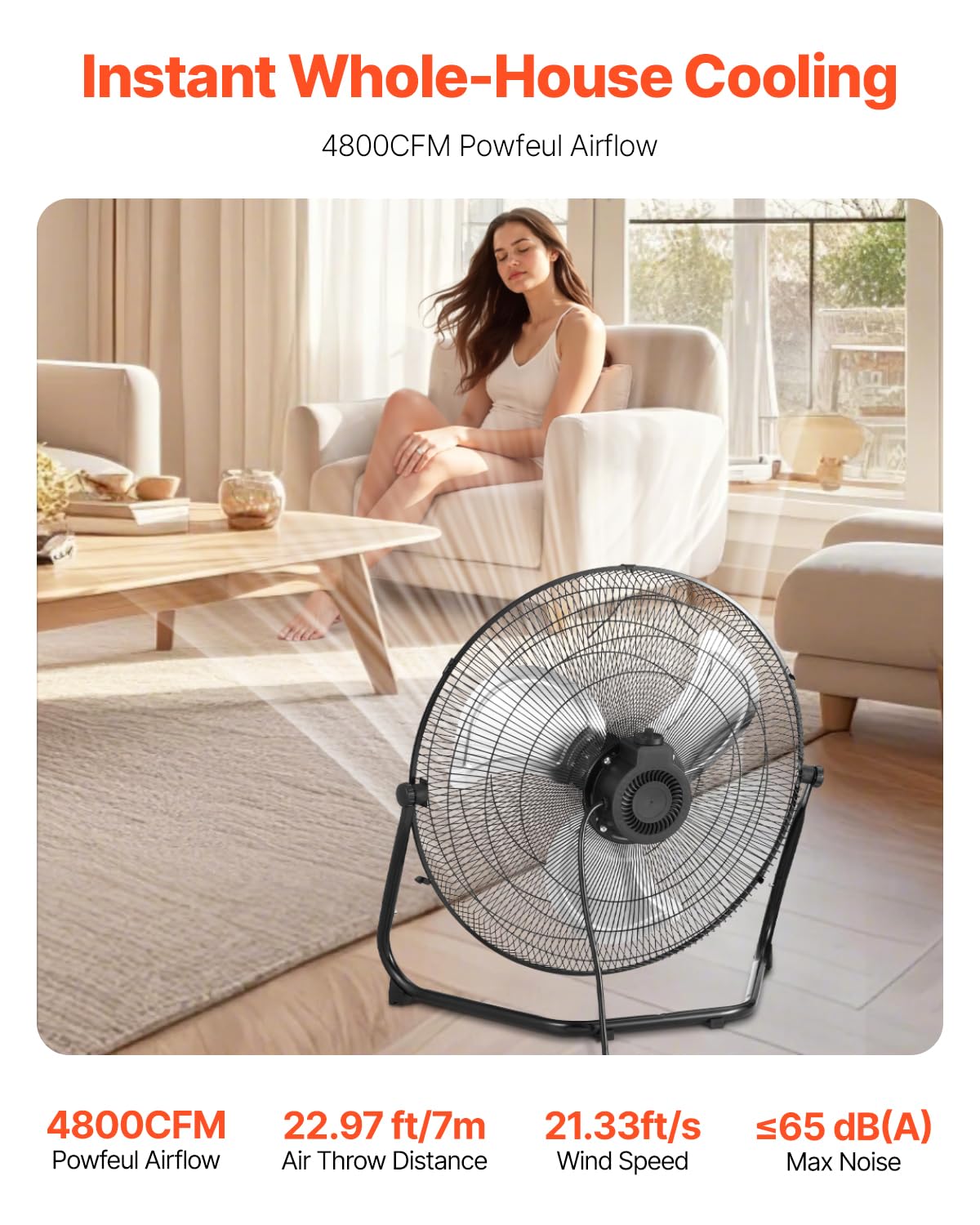 VEVOR Floor Fan, 3 Speeds High Velocity Heavy Duty 20 Inch Industrial Fan, 4800 CFM 360° Adjustable Tilt 21.33 ft/sec Airflow Large Metal Fan, for Home, Gym, Office, Garage, Commercial Shop & Bedroom - Image 2