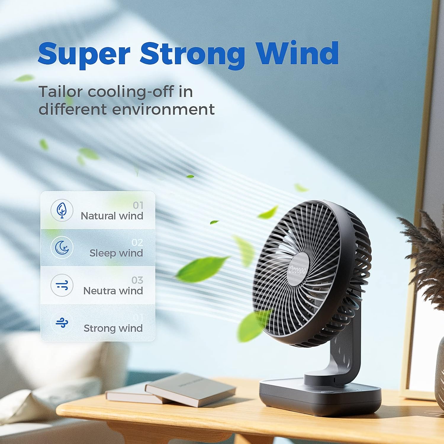 OCOOPA Small Desk Fan, 4000mAh Rechargeable USB Fan Battery Operated, 4 Speeds, 5'' Portable Table Fan with Strong Airflow Quiet, Detachable Grille, Mini Desktop Fan(Blue) - Image 3