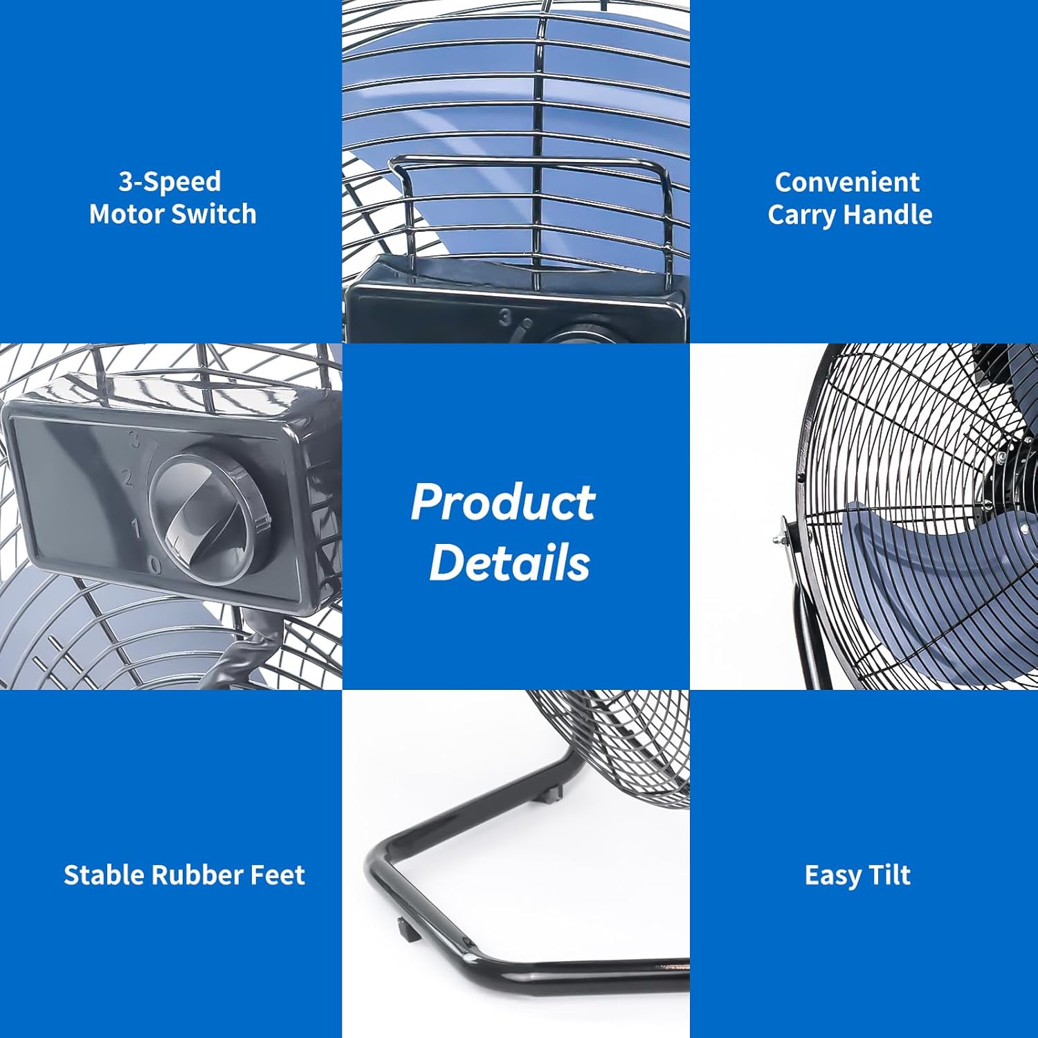 20 Inch High Velocity Industrial Floor Fan, 3-Speed Heavy Duty Metal Cradle Floor Fans with 360° Tilt for Warehouse, Workshop, Garage, Factory and Basement, Black & Blue - Image 8