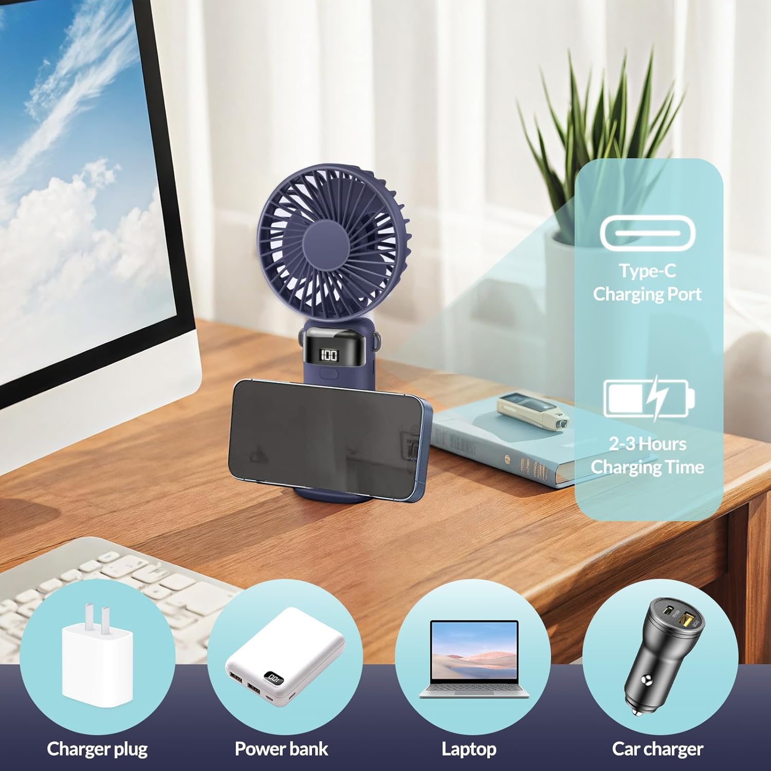 Portable Handheld Fan Rechargeable Small Fan 5 Speeds with Lanyard and Base USB Desk Fan Foldable Quiet Personal Fan with LED Display for Office, Home, Travel, Outdoor - Image 5