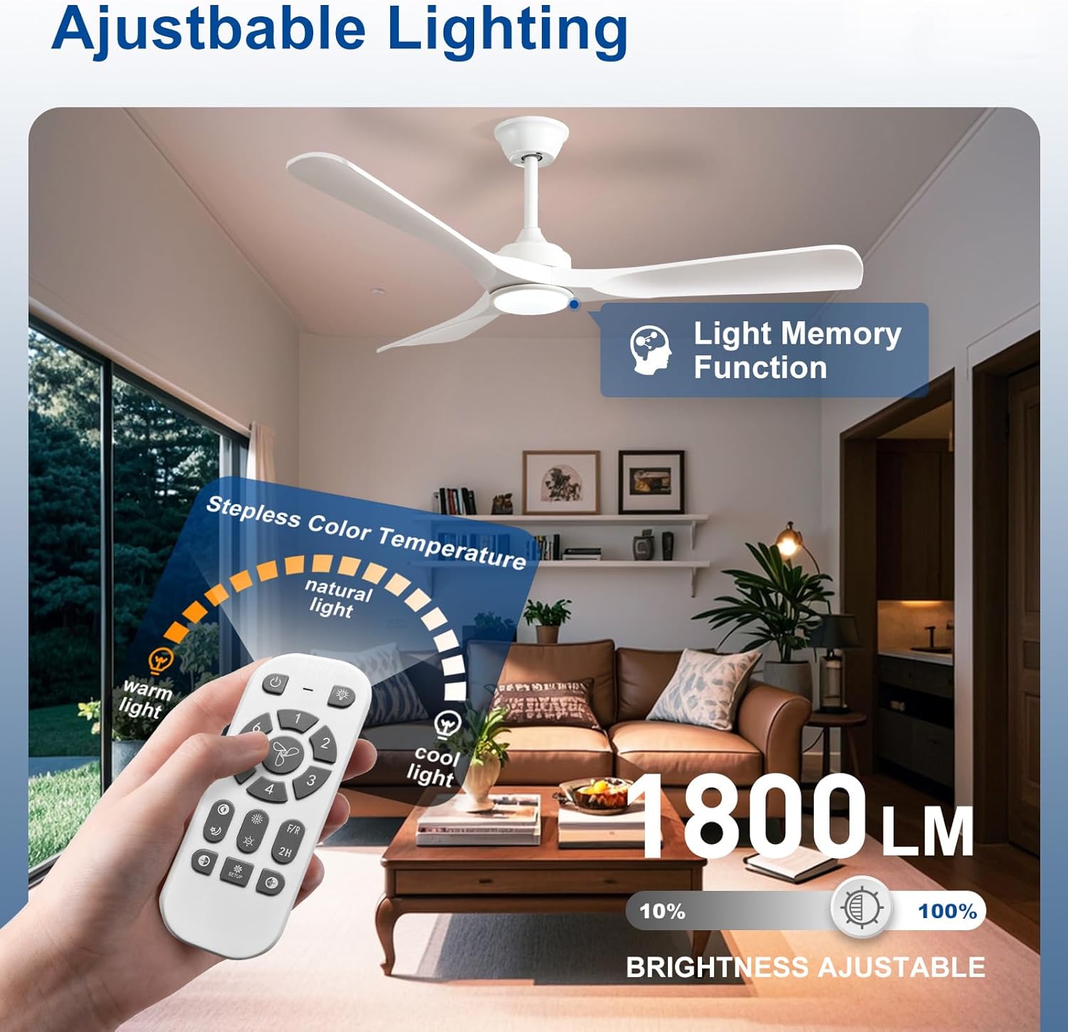52-Inch Ceiling Fan with Light: White 3 Blade Outdoor Fans for Patios - Dimmable Indoor Fan with Remote APP Control Ultra Quiet DC Motor Reversible 6 Speed Timer - Image 5