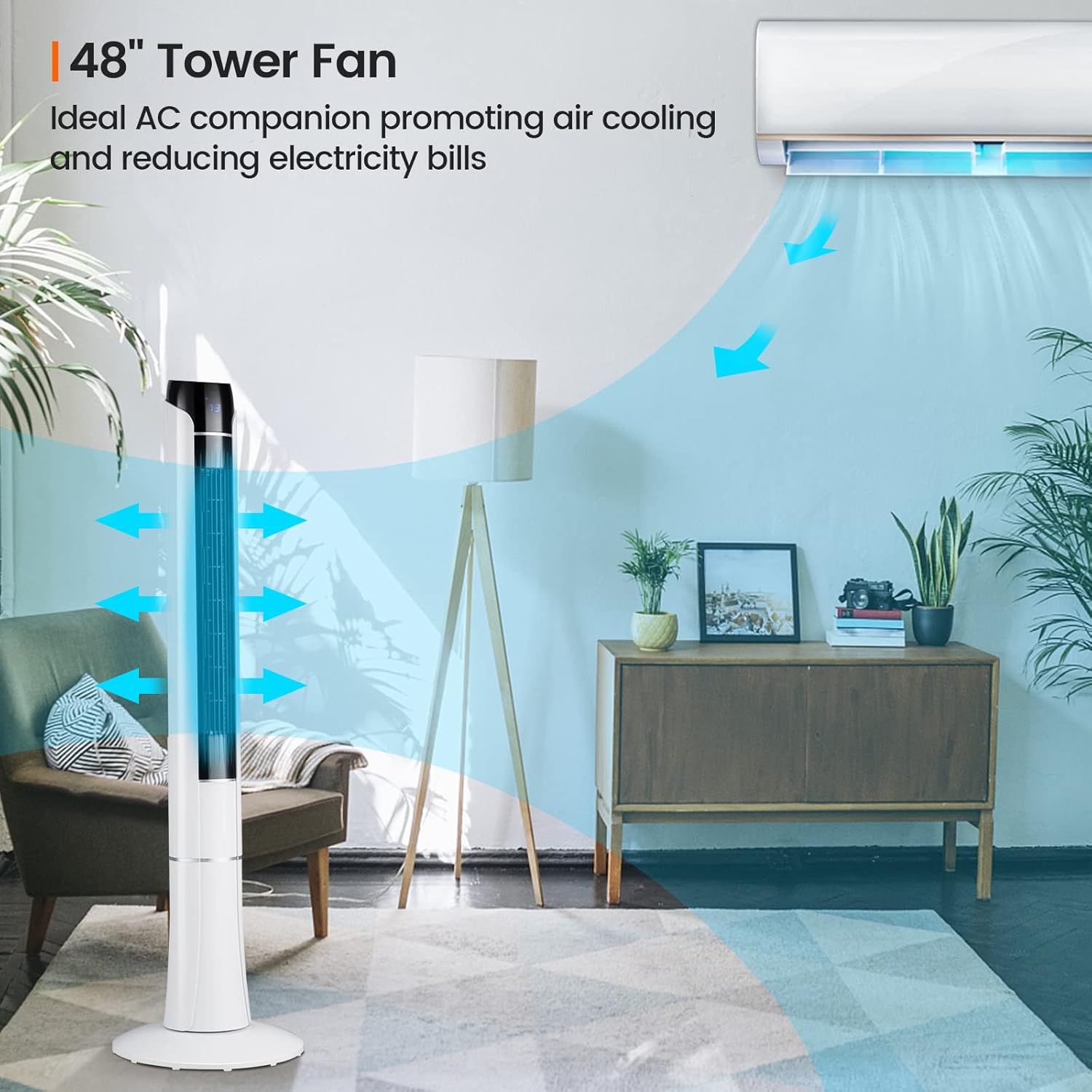 Tangkula 48-Inch Tower Fan with Remote Control, Quiet Bladeless Tower Fan w/ 3 Speeds, 3 Modes, 1-15H Timer & LED Display, 80° Oscillating Floor Standing Fan, Portable Circulating Fan for Home Office - Image 4