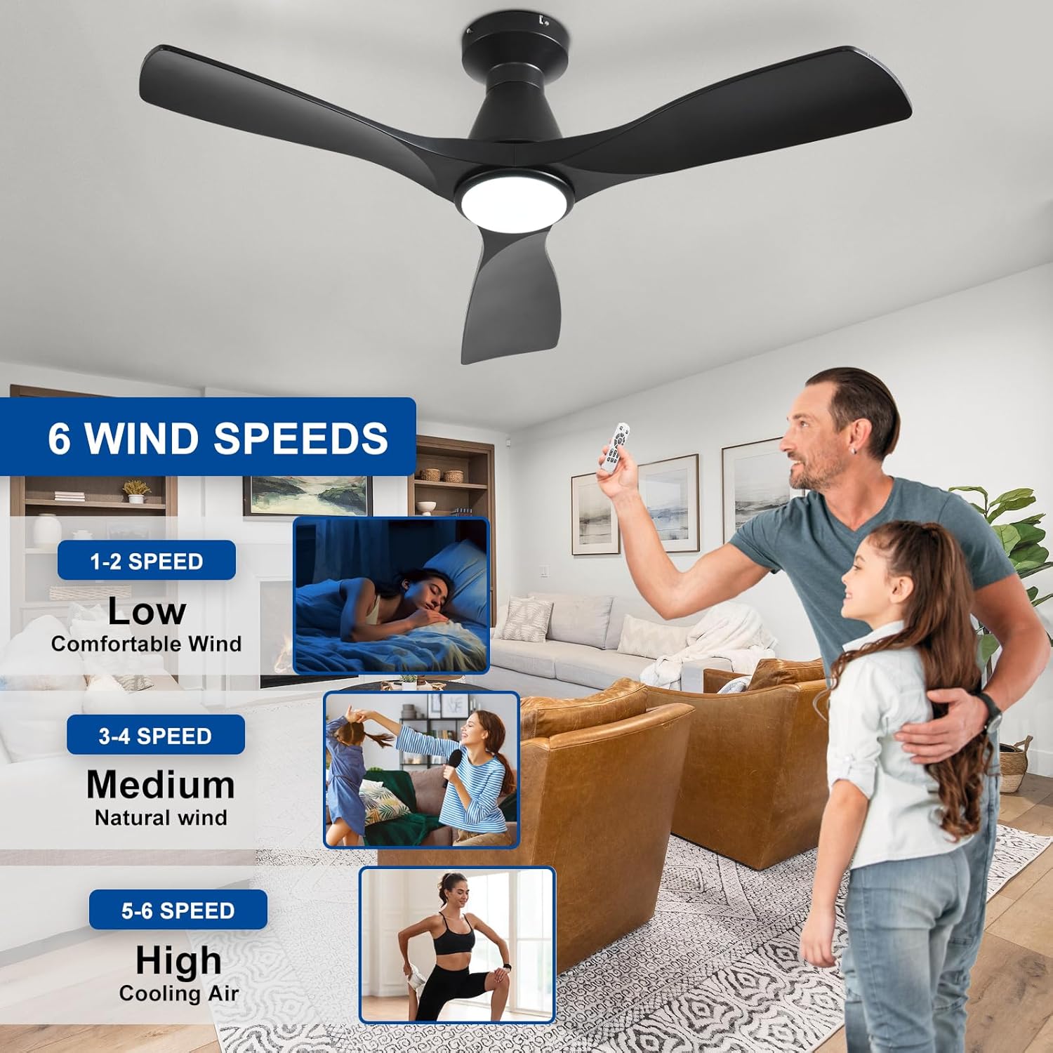 Depuley 42-Inch Ceiling Fans with Lights: Black 3 Blade Flush Mount Low Profile Ceiling Fan for Bedroom - Dimmable Indoor Outdoor Fan with Remote APP Control Ultra Quiet DC Motor Timer - Image 8