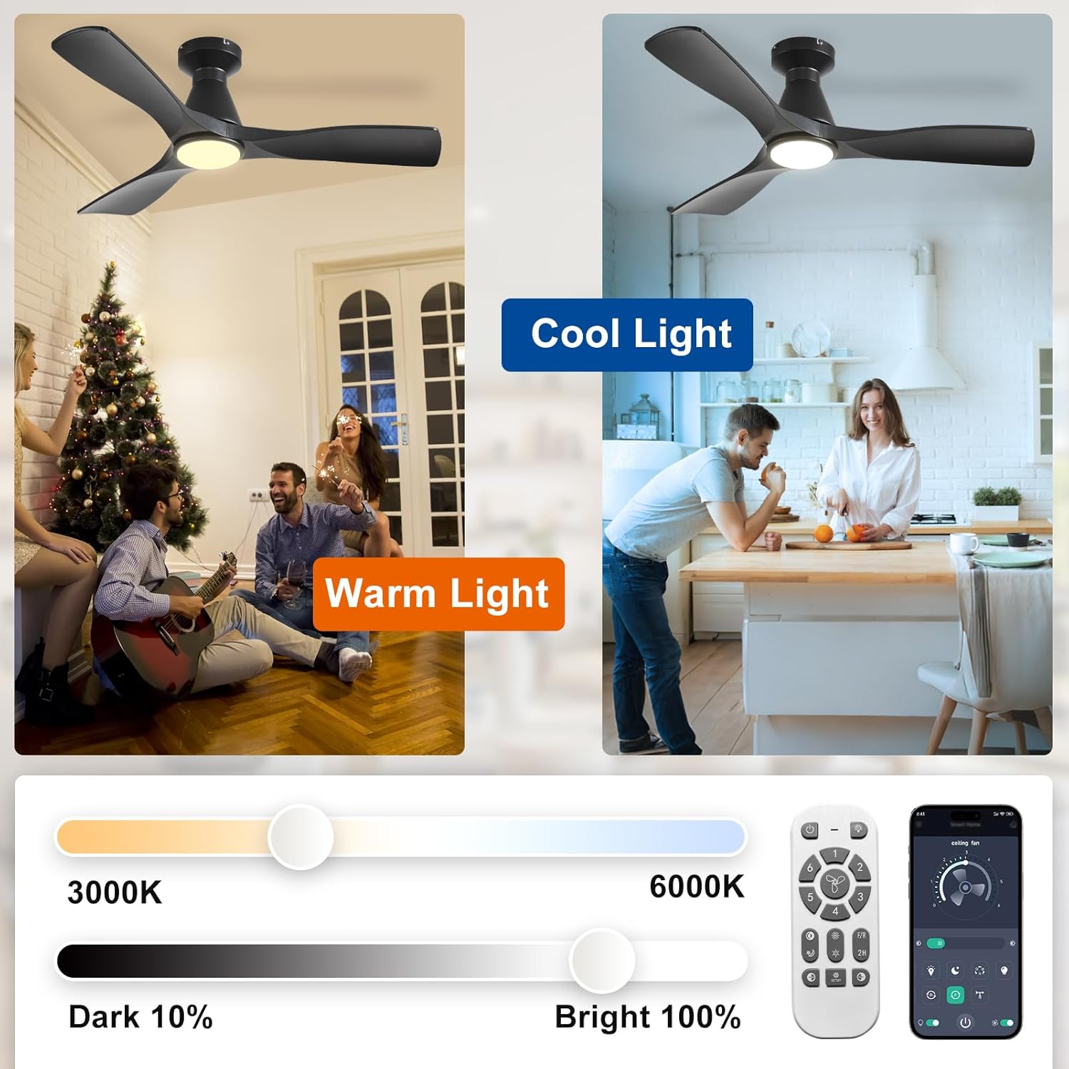 Depuley 42-Inch Ceiling Fans with Lights: Black 3 Blade Flush Mount Low Profile Ceiling Fan for Bedroom - Dimmable Indoor Outdoor Fan with Remote APP Control Ultra Quiet DC Motor Timer - Image 5