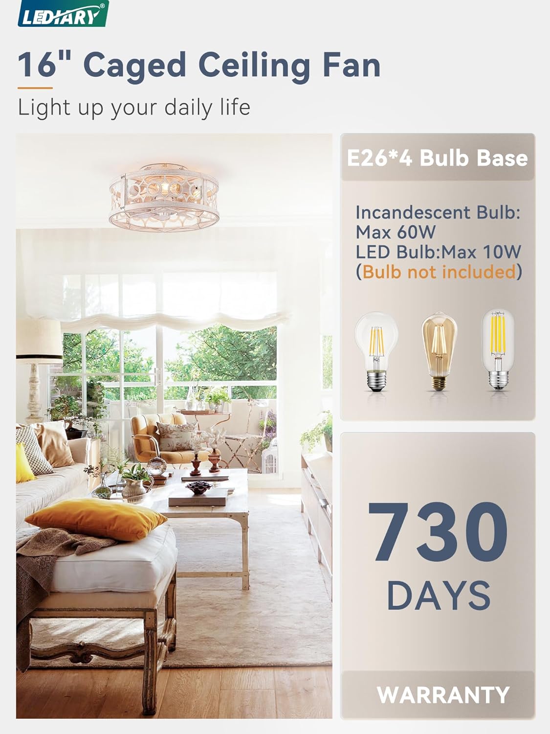 LEDIARY Caged Ceiling Fan with Light and Remote, 16in Small Low Profile Ceiling Fans with Lights, 6 Speed and Reversible Farmhouse Flush Mount Ceiling Fan for Bedroom, Kitchen, Living room - Image 5