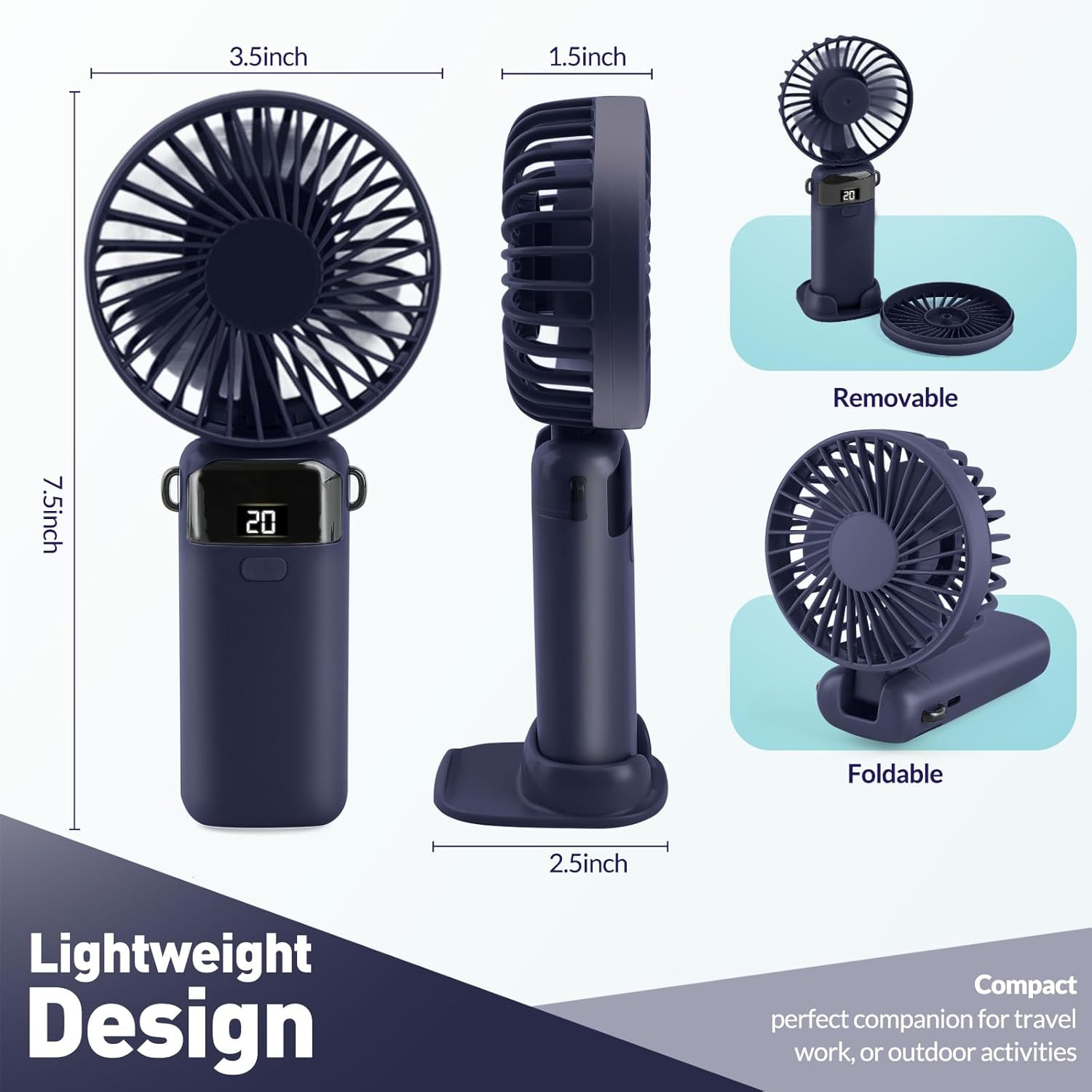 Portable Handheld Fan Rechargeable Small Fan 5 Speeds with Lanyard and Base USB Desk Fan Foldable Quiet Personal Fan with LED Display for Office, Home, Travel, Outdoor - Image 2