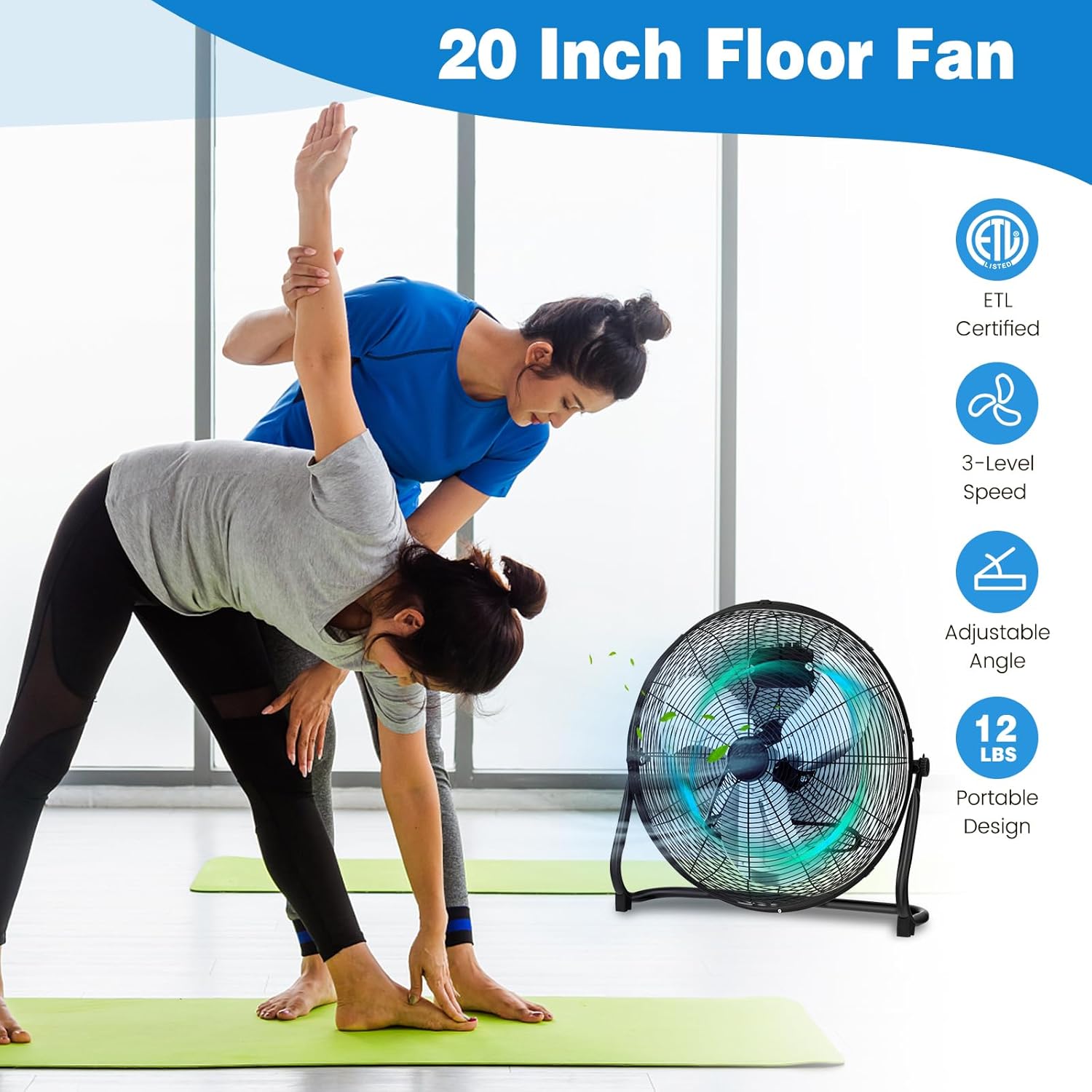 DORTALA 3-Speed High Velocity Floor Fan, 20 Inch Heavy Duty Metal Industrial Shop Fan with 145° Adjustable Tilt, for Commercial, Garage, Greenhouse, Warehouse, Workshop and Basement, Black - Image 5