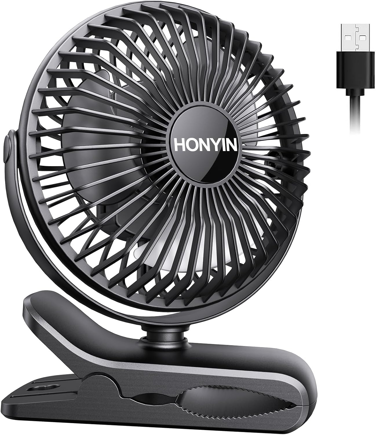 HONYIN Clip on Fan, 720° Rotation Small Desk & Clip Fan, Personal Cooling Fan with Sturdy Clamp, 3 Speeds, Quiet Little Fan by USB Plug In, for Bedroom Office Desktop Treadmill