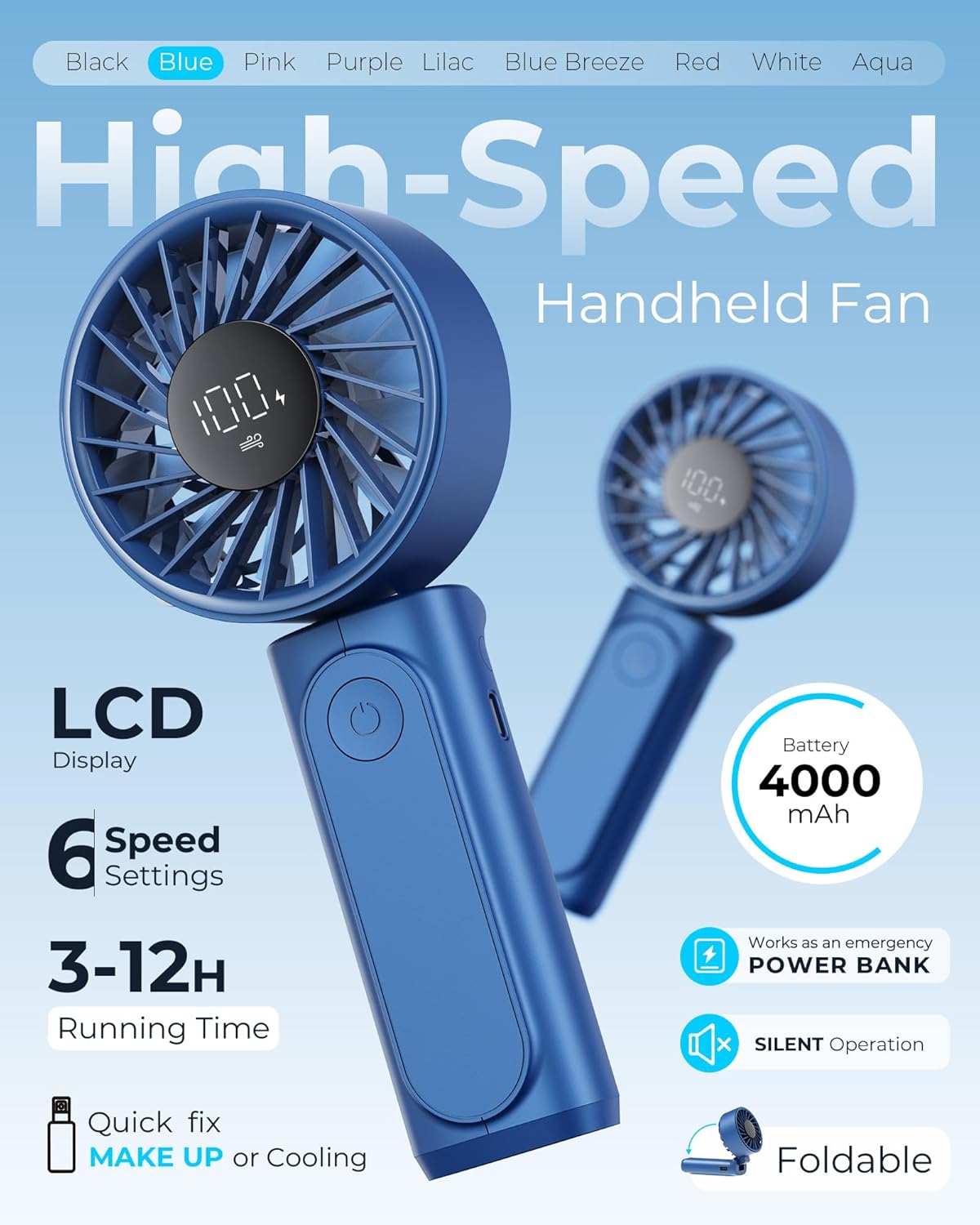 Handheld Portable Fan, 4000mAh, Rechargeable Personal Fan, 180° Foldable Mini Desk Fan with 6 Wind Speed, LCD Digital Display, Lanyard as Neck Fan, Ultra Quiet, Pocket Size, Blue - Image 2