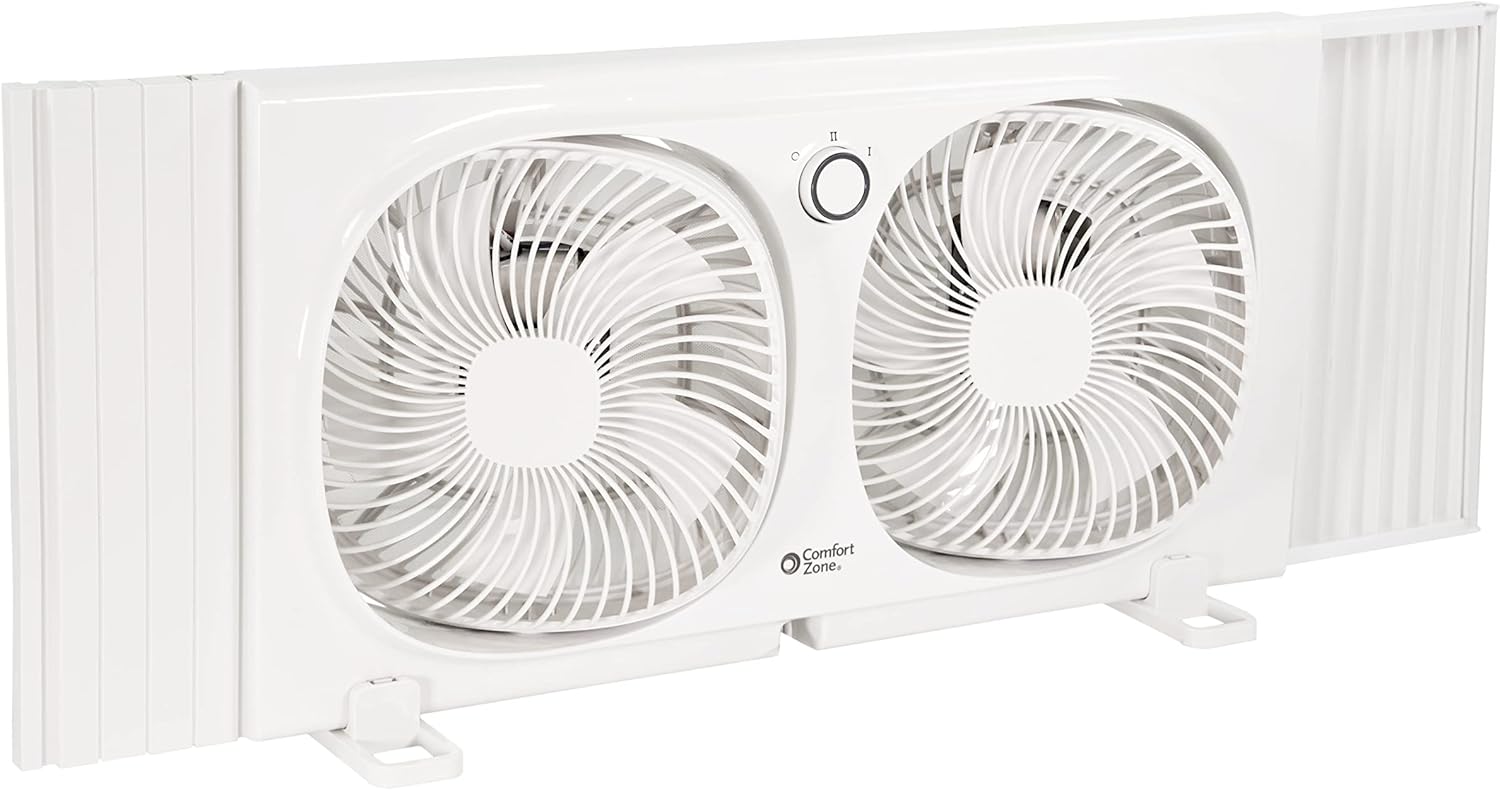 Comfort Zone 9-Inch Twin Window Fan with 2-Speed Independent 180° Rotating Fan Heads, Auto-Locking Expanders & Removable Bug Screen, Reversible Exhaust Fan for Bedroom or Home