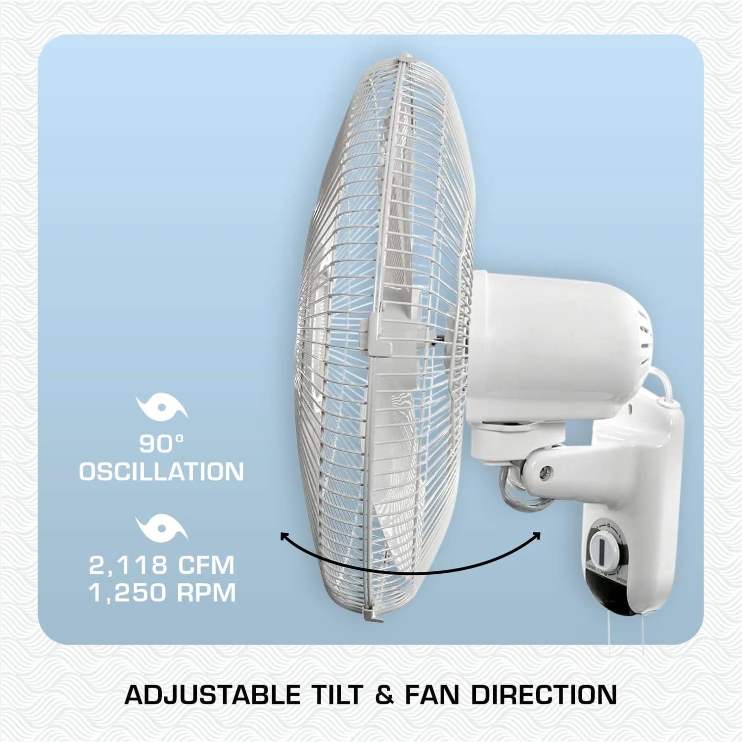 Hurricane Classic Oscillating Wall Mount Fan w/ 3 Quite Speeds, White, 16" - Corded Electric Air Cooling Unit w/Easy Pull Cord Controls for Home, Grow Tents, Offices, Sheds, Studios, Garages & Dorms - Image 3
