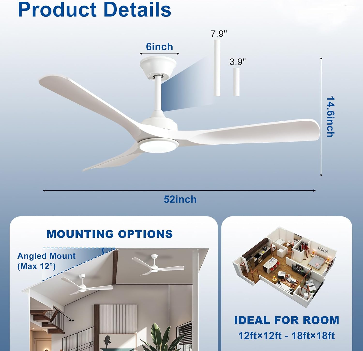 52-Inch Ceiling Fan with Light: White 3 Blade Outdoor Fans for Patios - Dimmable Indoor Fan with Remote APP Control Ultra Quiet DC Motor Reversible 6 Speed Timer - Image 2