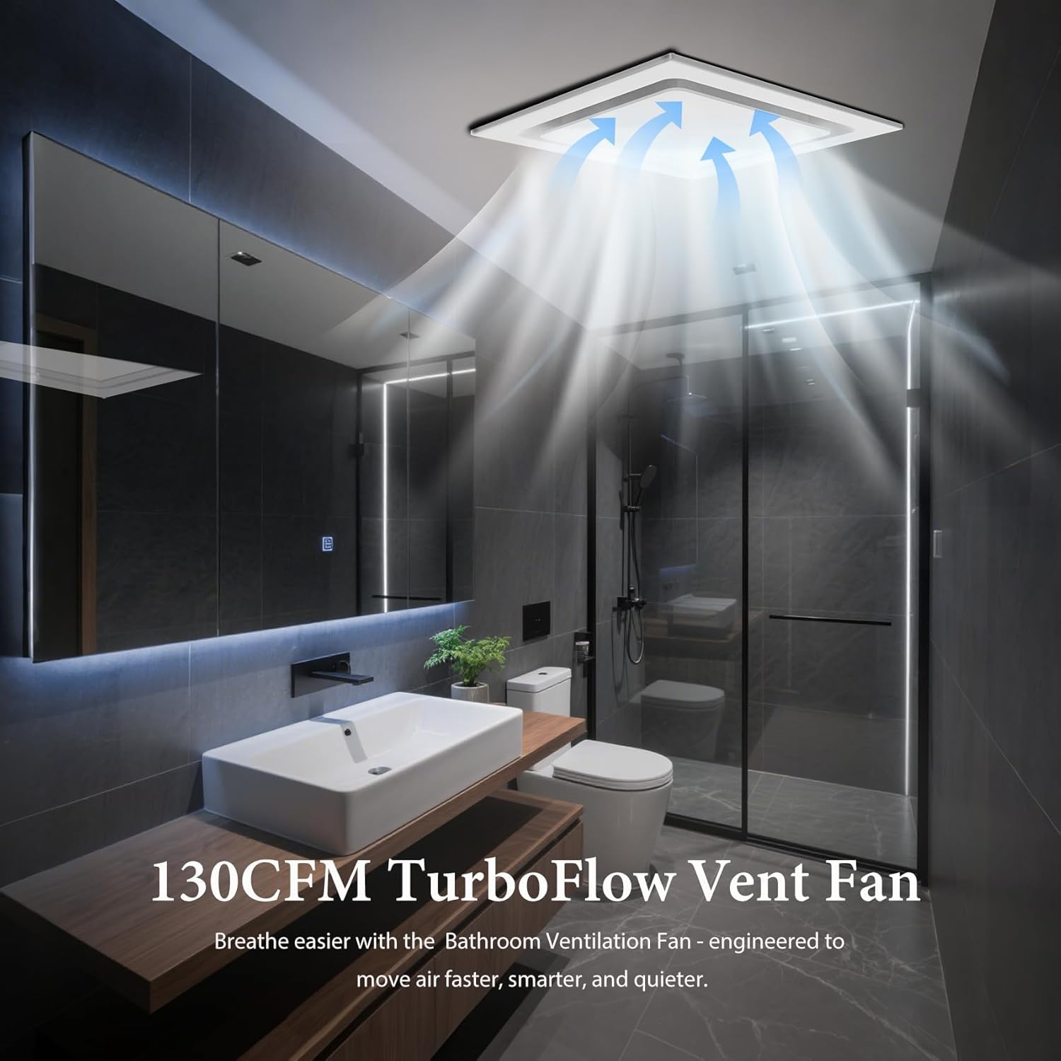 Bathroom Exhaust Fan 12" Panel Ultra Quiet without Light(10x10 Mount), 1.0 Sone 130CFM, 4" Duct for Bathroom/Garage/Home - Image 3