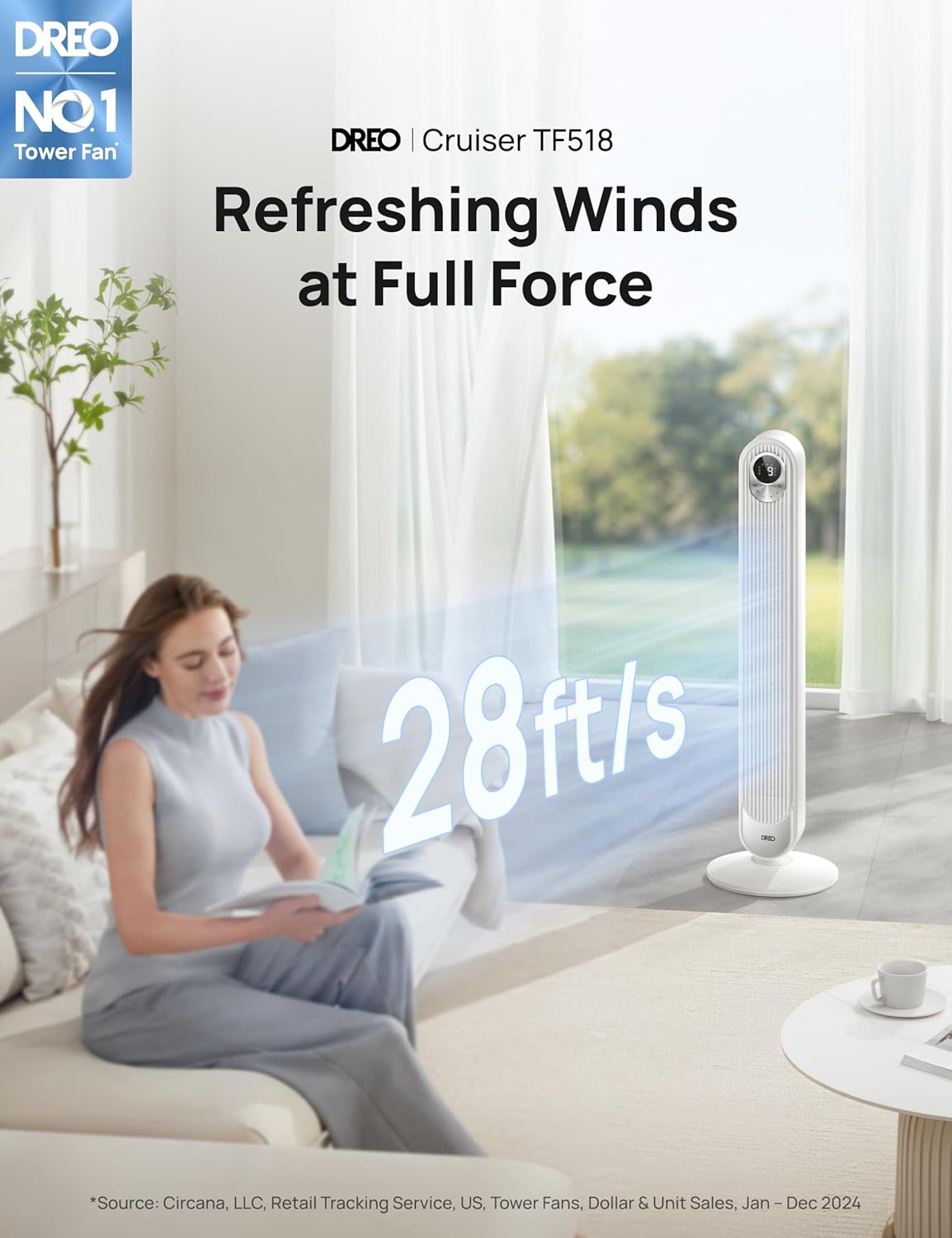 DREO Tower Fan 42 Inch, Cruiser Pro T1 Quiet Oscillating Bladeless Fan with Remote, 6 Speeds, 4 Modes, LED Display, 12H Timer, White Floor Standing Fan Powerful for Indoor Home Bedroom Office Room - Image 2
