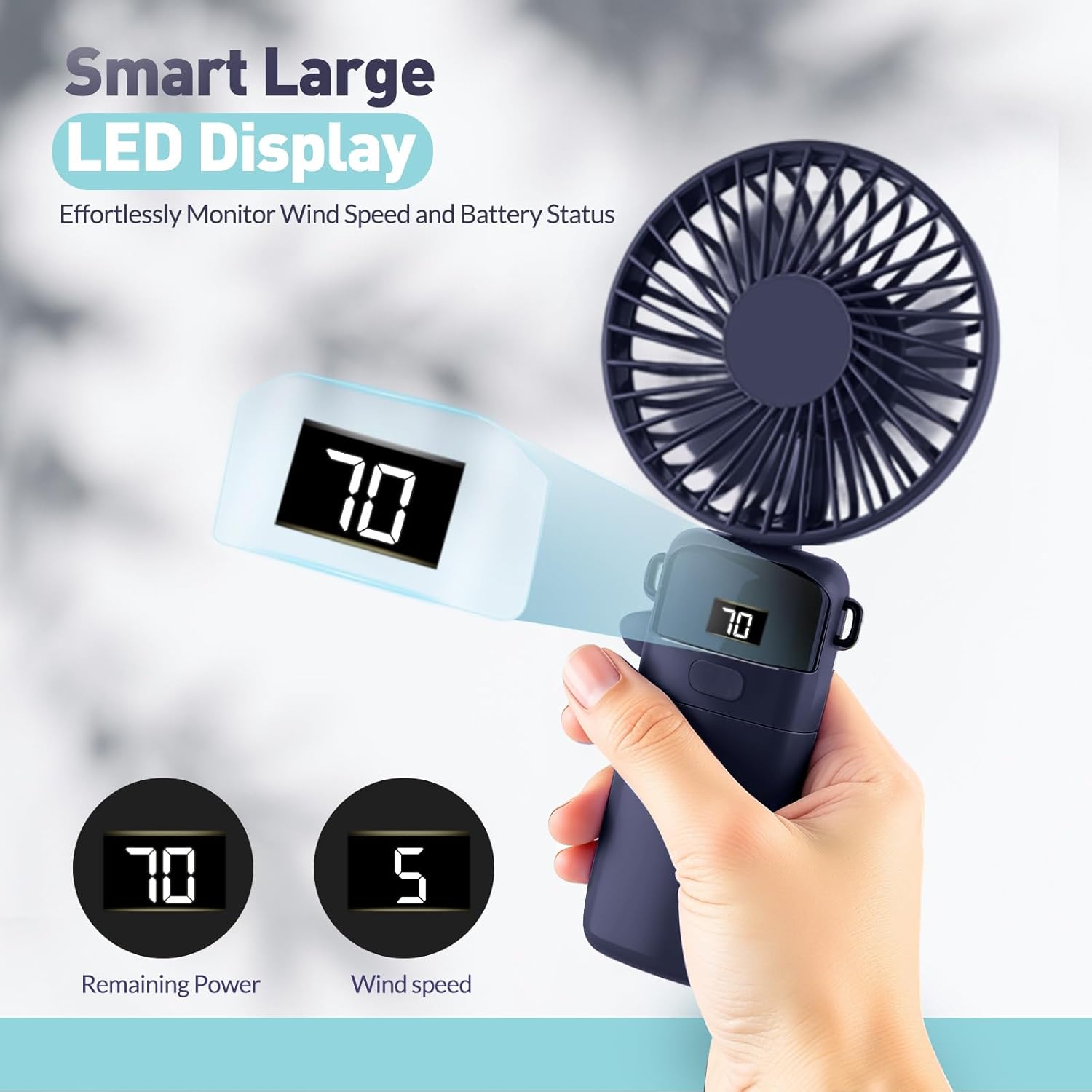 Portable Handheld Fan Rechargeable Small Fan 5 Speeds with Lanyard and Base USB Desk Fan Foldable Quiet Personal Fan with LED Display for Office, Home, Travel, Outdoor - Image 3